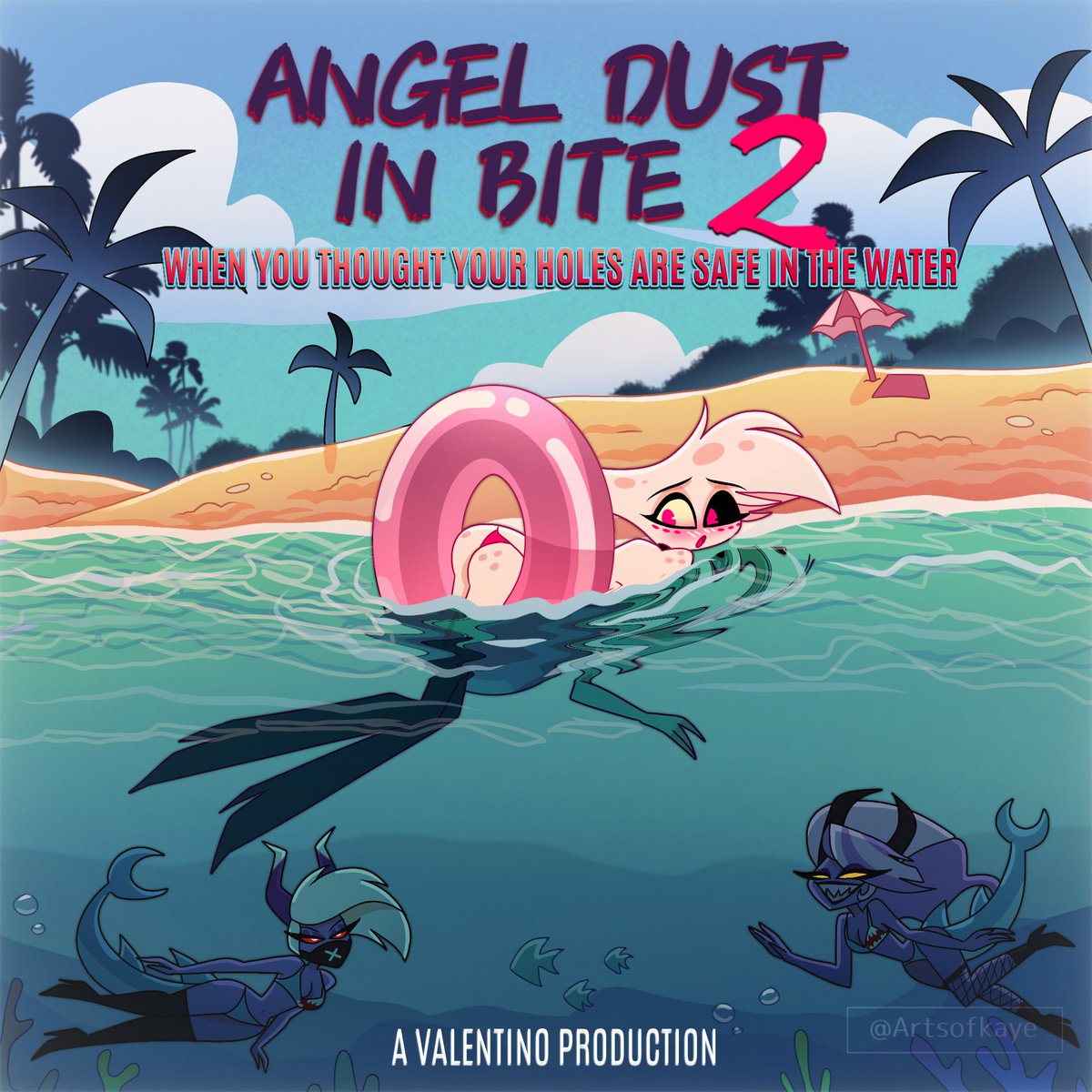 artsofkaye's tweet photo. "BITE 2" featuring Angel Dust 🕸️🌊
A poster commission 

🎨 Art by me
#AngelDust #HazbinHotel https://t.co/LiMBQrBZCY