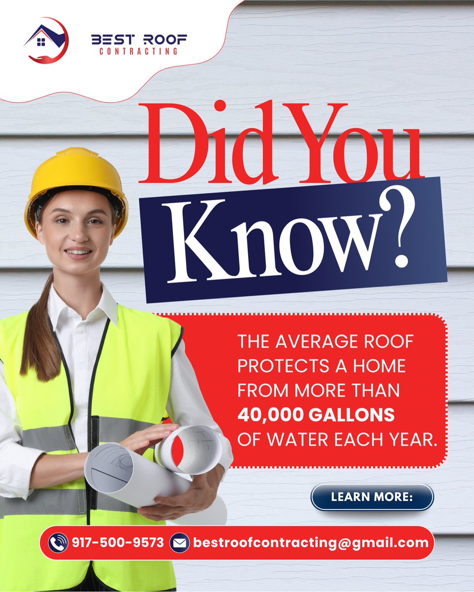 RoofBest2546's tweet photo. Did you know? The average roof protects a home from more than 40,000 gallons of water each year. Make sure yours is up to the job.

Free inspection from Best Roof Contracting — call or text 917-500-9573.
https://t.co/WqUUT1Dwq4

#BestRoofContracting #RoofingFacts #RoofProtection https://t.co/ADovNm0DFy