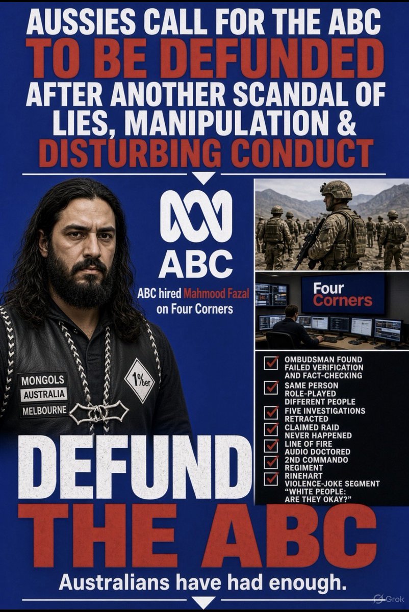 TruthFairy131's tweet photo. ❌ Another ABC Scandal ❌

The ABC hired Muslim Afghan Refugee Bikie Mahmood Fazal as a reporter for its flagship investigative program Four Corners. 

An independent ombudsman has found that the ABC failed basic verification & fact-checking & had a culture of "limiting knowledge" about anonymous sources.

The ombudsman has identified breaches of editorial standards in multiple stories by reporter Mahmood Fazal . 

ABC misled & manipulated audiences by using the same individual to role-play different people across separate episodes depicting a man as a recovering drug user in one episode & a disguised active meth cook in another.

The ABC subsequently retracted a total of five investigative pieces produced by Fazal from its platforms, amid parallel revelations that a dramatic counter-terrorism raid he claimed to have been subjected to in a 2021 report was a lie & had actually never happened.

The ABC has also been exposed recently for other disturbing conduct.

They aired a disgusting video that joked about Gina Rinehart being brutally assaulted, tortured & impaled with a stick.

ABC doctored helmet camera audio used in its 2022 7.30 investigative series Line of Fire to portray alleged misconduct by the Australian Army's 2nd Commando Regiment in Afghanistan. 

The regular antiwhite & anti-Australia propaganda has also reached unacceptable new levels. The ABC’s aggressive pursuit of diversity targets bordered on ideological discrimination against white Australians

They broadcast a satirical segment titled "White People: Are they okay?" which mocked & racially vilified White Australians over issues of cultural privilege, colonial guilt & social grievances.

If the exact same racial generalizations, mocking tone & derogatory humor had been directed toward any non-white minority group, it would have been instantly condemned by the ABC as hate speech & banned from broadcast. 

Meanwhile Labor tells Aussies to get their information from the ABC that regularly lies, misleads, manipulates, incites hatred & violence against White Australians & talks trash about our country.

Australians have had enough.

DEFUND THE ABC 😡

Taxpayers do NOT want to fund this lying, corrupt, anti-Australian organisation.