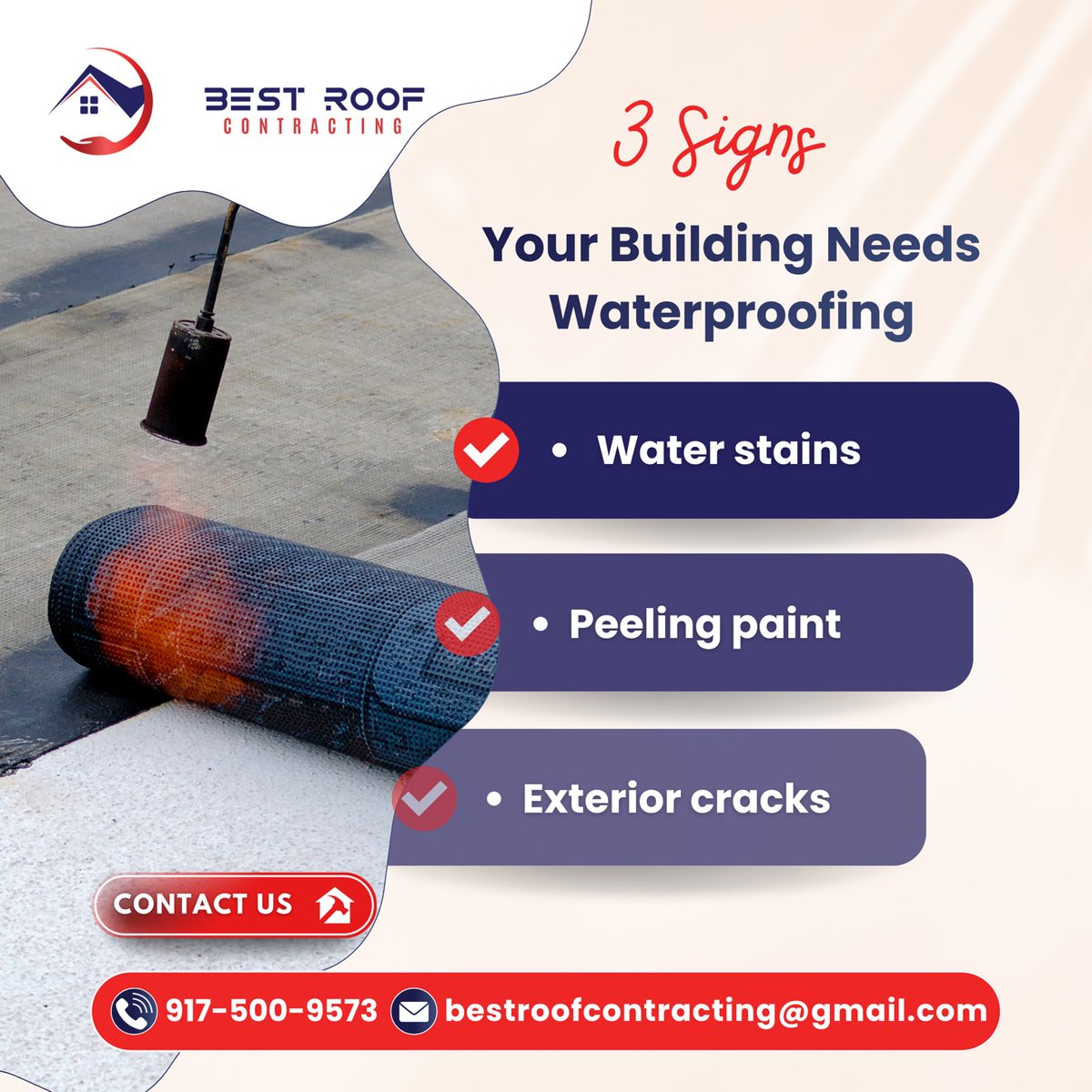 RoofBest2546's tweet photo. 3 signs your building needs waterproofing: water stains, peeling paint, exterior cracks. Seeing any of these?

Call Best Roof Contracting for a free inspection — 917-500-9573.
https://t.co/WqUUT1E4fC

#BestRoofContracting #Waterproofing #BuildingMaintenance #NYC https://t.co/9XzgNMnrU1