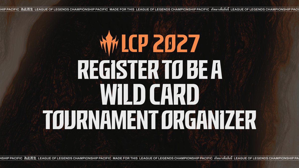 lolpacificen's tweet photo. Register your interest in becoming part of the 2027 APAC LoL Esports ecosystem!

Register to be a Wild Card tournament organizer. Read more details here:
🔗 https://t.co/PViYIKj1OL https://t.co/MMAGfGDYbC