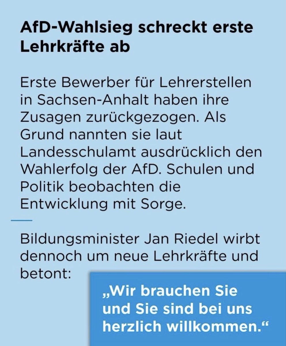 Meyermacht's tweet photo. Keine Lehrkraft, die ihren Diensteid ernst nimmt, hat Bock auf ein AfD geführtes Bildungsministerium! Ich verstehe jede Lehrperson, die aus Sachsen-Anhalt wegwill. Gleichzeitig ist das eine Katastrophe für die Bildung und die Lernenden dort. https://t.co/WyajTubS0U