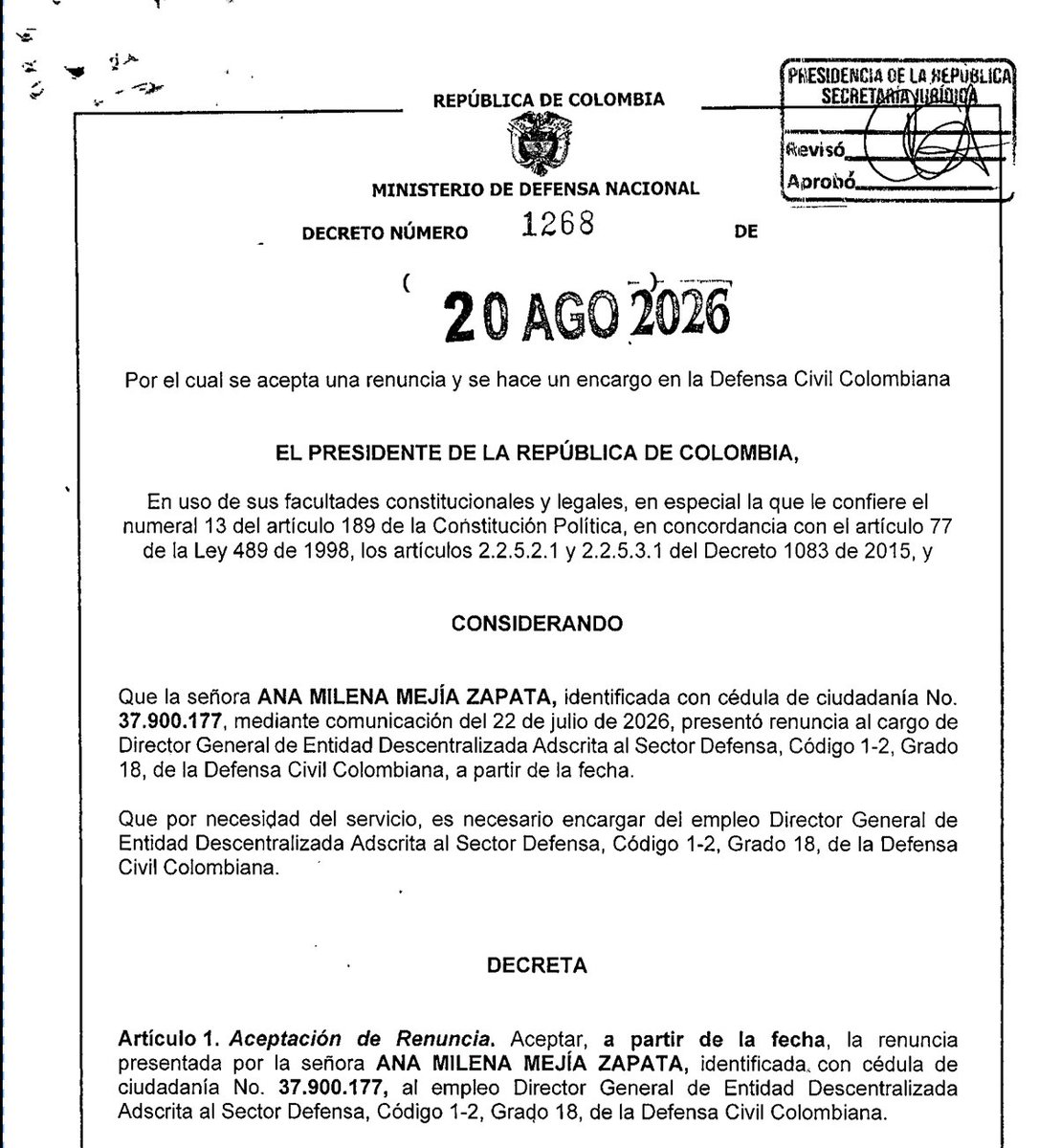 ANAMILEMEJIA's tweet photo. Cordial saludo respetado Periodista Melquisedec Torres: @Melquisedec70  
Frente a su publicación sobre el contrato interadministrativo entre la Defensa Civil Colombiana (DCC) y la Sociedad Hotelera Tequendama S.A (SHT), presento precisiones verificables, con soportes. Mis actuaciones han sido transparentes y están documentadas y a disposición de los organismos de control. 
Objeto social: Anexo el certificado de existencia y representación legal de la Cámara de Comercio de Bogotá, el cual incluye expresamente la estructuración, desarrollo, gerencia y administración de proyectos de infraestructura física, con soluciones para entidades del sector defensa (como la DCC). Autorización que también se encuentra en los estatutos de SHT. 
Naturaleza del contrato: Es un contrato interadministrativo entre dos entidades del Estado. Los recursos no son un pago libre a Tequendama: se administran en una cuenta exclusiva del contrato y sus rendimientos financieros se reintegran al Tesoro Nacional. 
Fechas: El contrato se firmó en el mes de julio de 2026 debido a la restricción de Ley de Garantías, no obstante, estos recursos obedecen a un planeamiento previo de los proyectos de inversión del cuatrienio, que inclusive, contempla la última asignación de recursos del proyecto de MOCOA autorizado mediante CONPES 3904, aprobado en 2017 para la reconstrucción de Mocoa tras la tragedia ocurrida ese mismo año. 
De otra parte, entregué la Dirección el 20 de agosto de 2026 [Decreto 1268 del 20 de agosto de 2026]. A esa fecha no se había girado ningún recurso. Las facturas (fechadas 25 y 26 de agosto) y la certificación de recibo a satisfacción que menciona de fecha 27 de agosto, no ocurrieron durante mi gestión; por lo que no me puedo referir al respecto, el nuevo director fue nombrado por Decreto 1322 del 26 de agosto. 
El comité mencionado no actúa bajo órdenes de la Dirección. Es un comité operativo interdisciplinario, creado precisamente para garantizar la transparencia y el buen uso de los recursos del contrato, este comité revisa de forma autónoma los avances y aprueba cada pago que sale de la cuenta del contrato. 
Respeto profundamente la labor periodística y el control ciudadano. Por lo cual, lo invito a usted y a la ciudadanía a revisar estos soportes antes de formarse un juicio basado en afirmaciones inexactas; enviaré una solicitud formal en ese sentido al Señor Periodista. 
Mi actuar siempre ha sido transparente, actúo en coherencia con mis principios y valores. Estoy a disposición de la Procuraduría y la Contraloría.  
Ana Milena Mejía Zapata 
Exdirectora General, Defensa Civil Colombiana