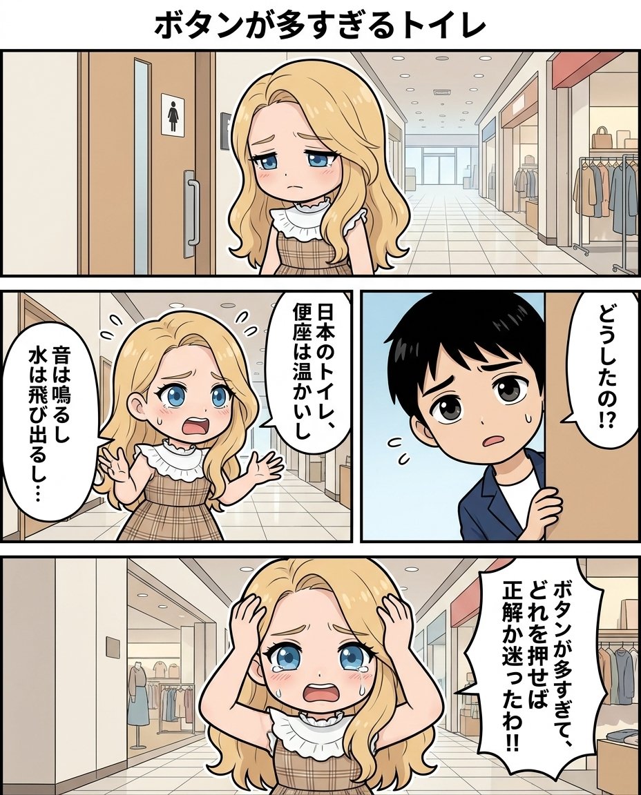 mallon7jp's tweet photo. 【ボタンが多い日本のトイレ】

日本のトイレを初めて見た外国人が
驚くもののひとつ。

……ボタン、多すぎる？
とジェーニャが

どれを押せばいいのか。

ロシア語教師のジェーニャさん
好評発売中‼
https://t.co/DSmOcjPFYH

#ロシア語教師のジェーニャさん #4コマ漫画 https://t.co/K2FCZS3HKH