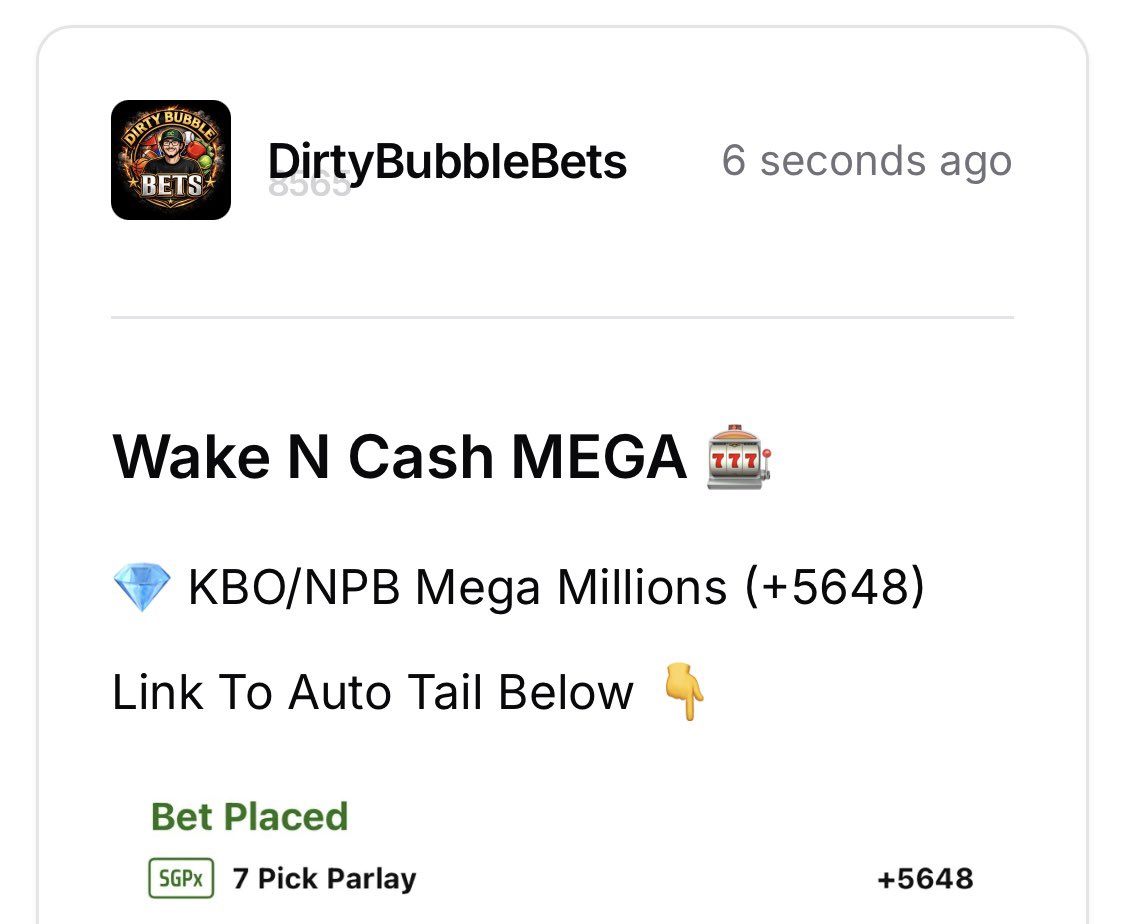 DirtyBubbleBets's tweet photo. Wake &amp; Cash Mega Millions (+5648) 💎

The ticket that could change your life 🪄

Sending it to 10 of you guys for FREE 📲

Like ❤️ + Repost ♻️ + Comment 💬

50% off all VIP Packages (25 Spots) 👇

https://t.co/VCDU1Nla8t https://t.co/5O7ZHMWCgP