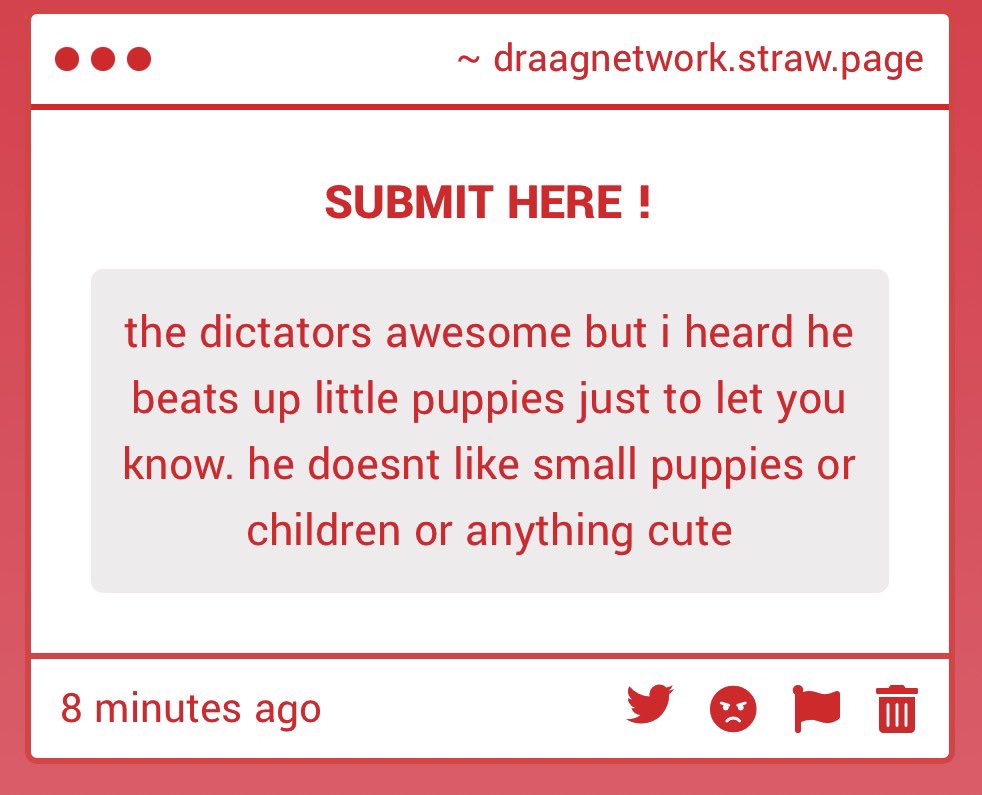 DRAAGNETWORK's tweet photo. BREAKING:: apparently his immortality beats up little puppies! And children! Good god, what’s next? The people of DRAAG- this is your leader!! A puppy-kid beater!! https://t.co/ItTL8DWwqb