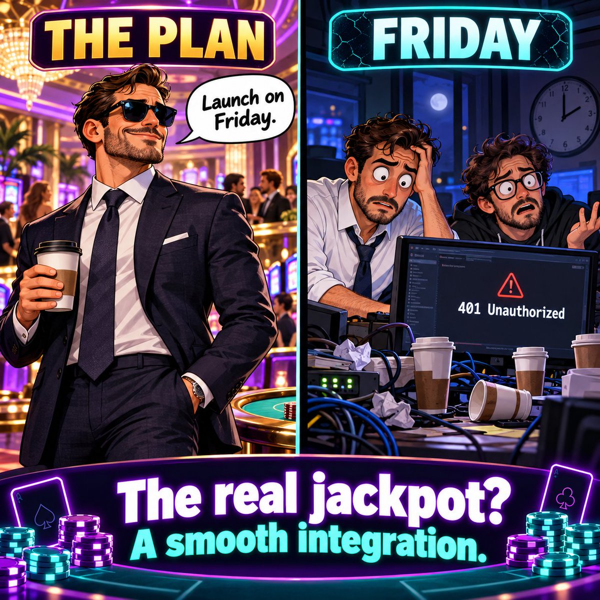 joker_coding's tweet photo. 🎰 “We’re launching the casino on Friday!”

Friday:
☕ Coffee #6
💻 401 Unauthorized
👨‍💻 “Which Friday did you mean?”
The real jackpot? A smooth integration. 😂
Casino tech teams: what’s your funniest launch-day story?
#iGaming #CasinoTech https://t.co/1SSmcsTBlY