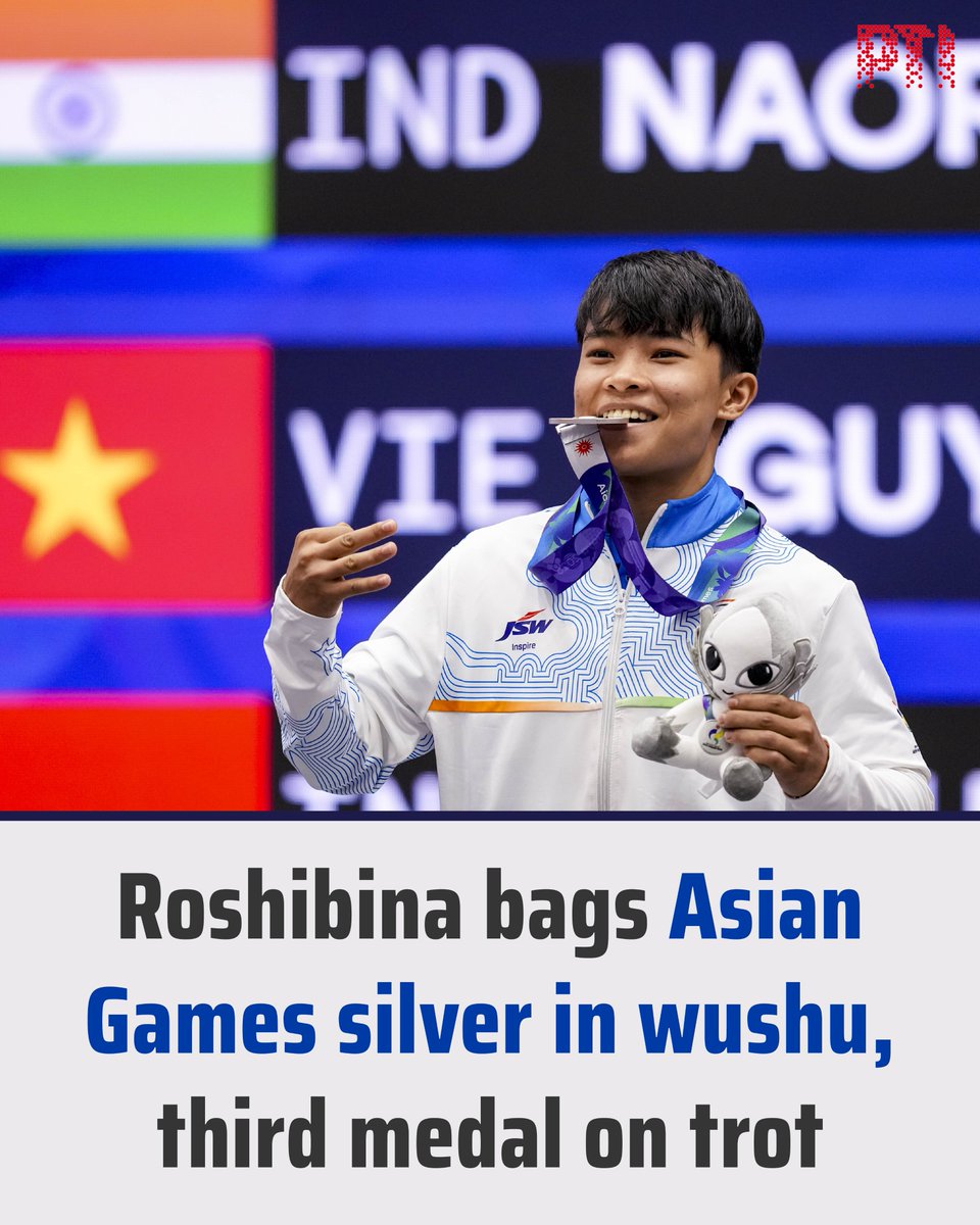 PTI_News's tweet photo. STORY | Roshibina bags Asian Games silver in wushu, third medal on trot

She was not even in the initial team, but as fate would have it, Naorem Roshibina Devi won her third Asian Games medal on the trot as she clinched a silver after losing to Zhang Xiaoyu in the women's 60k wushu final here on Thursday.

The 25-year-old Roshibina lost 0-2 in the final bout, with all five judges giving unanimous 5-0 decisions in favour of the Chinese player in both rounds of two minutes each at the Aichi Prefectural Martial Arts Hall.

Xiaoyu dominated the first round with the scores of five judges reading 6-2, 6-3, 6-2, 6-2, 8-2 in her favour. The relentless Chinese player was even better in the second and final round with 10-2, 8-3, 7-3, 7-3, 6-1 scores in her favour from the five judges.

Roshibina, who had won a silver in the last edition and a bronze in the 2018 Asian Games, could not counter here opponent's aggression and technical superiority, especially the side-kicks from the Chinese player. The Indian remained subdued for most of the bout.

"I have won silver earlier, and this time also, I could win only silver. I could not give the gold medal to the Indian people. I could not give what everyone wanted," Roshibina said after the bout.

READ: https://t.co/TzeoqqoGcw

(Report by Philem Dipak Singh/PTI; Photos: Arun Sharma/PTI)
