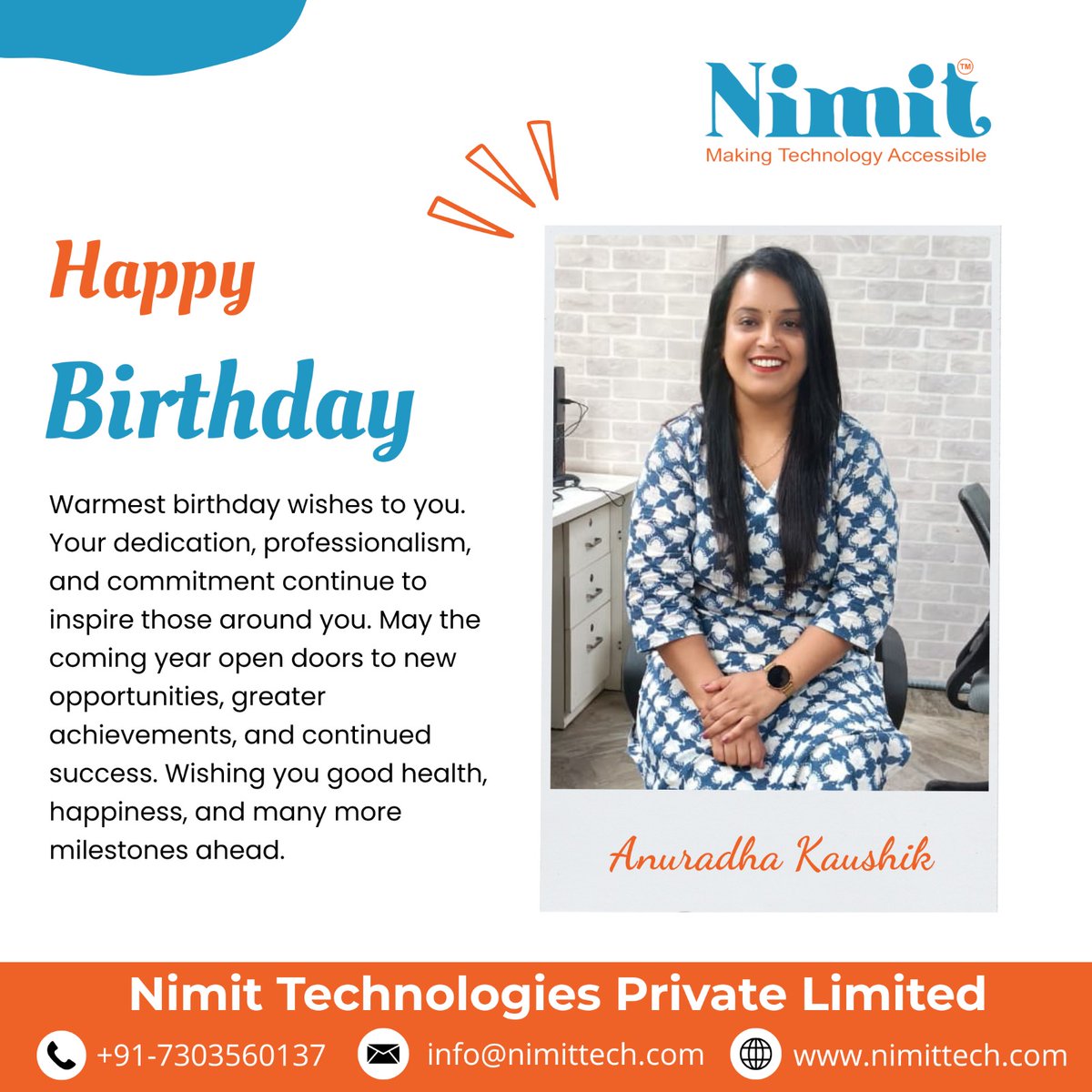 LtdNimit25852's tweet photo. Wishing Anuradha Kaushik a very Happy Birthday
 May the year ahead bring new opportunities, meaningful achievements, and continued growth in both your professional and personal journey. 
#nimitians https://t.co/zDy4GJi122