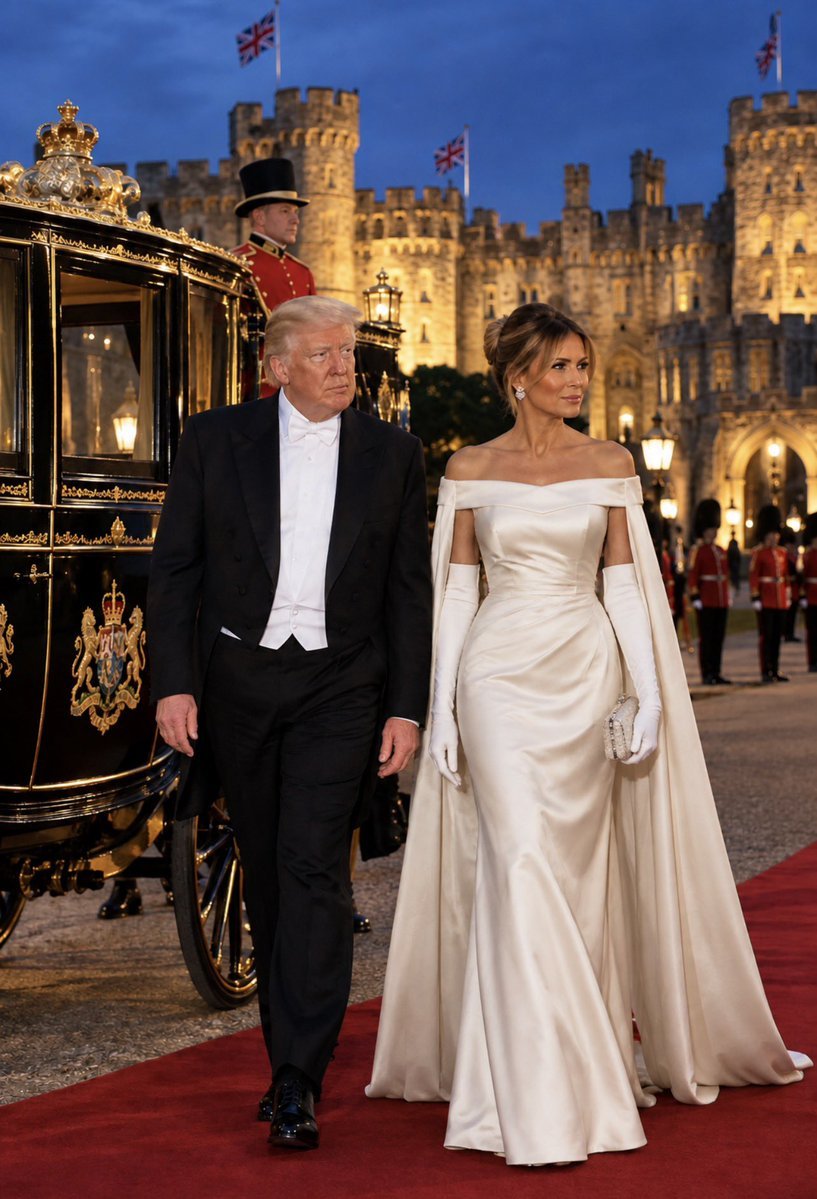 ladymelenaia's tweet photo. President Donald Trump and Melania Trump radiate timeless elegance as they arrive for a grand state banquet. Melania’s ivory gown and flowing cape are absolutely stunning. 👑

#MelaniaTrump #DonaldTrump #WindsorCastle #StateDinner #USA #UK #MAGA https://t.co/jGmAANwunq