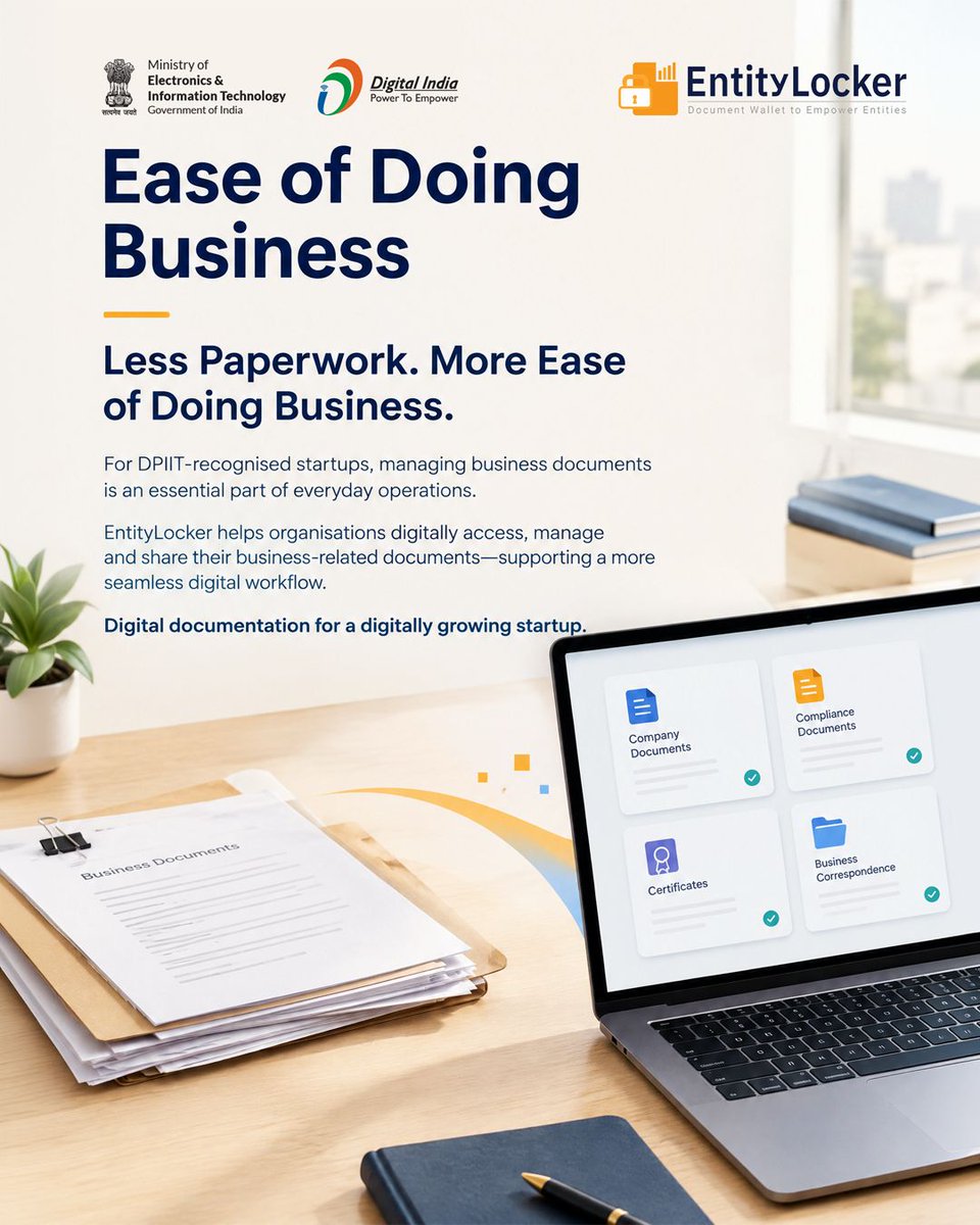 NeGD_GoI's tweet photo. Streamlining business operations with digital convenience!
With EntityLocker, DPIIT-recognised startups can now digitally access, manage, and share essential business documents with ease—ensuring less paperwork and seamless workflows.
#EntityLocker https://t.co/xdbQ1RBjVG