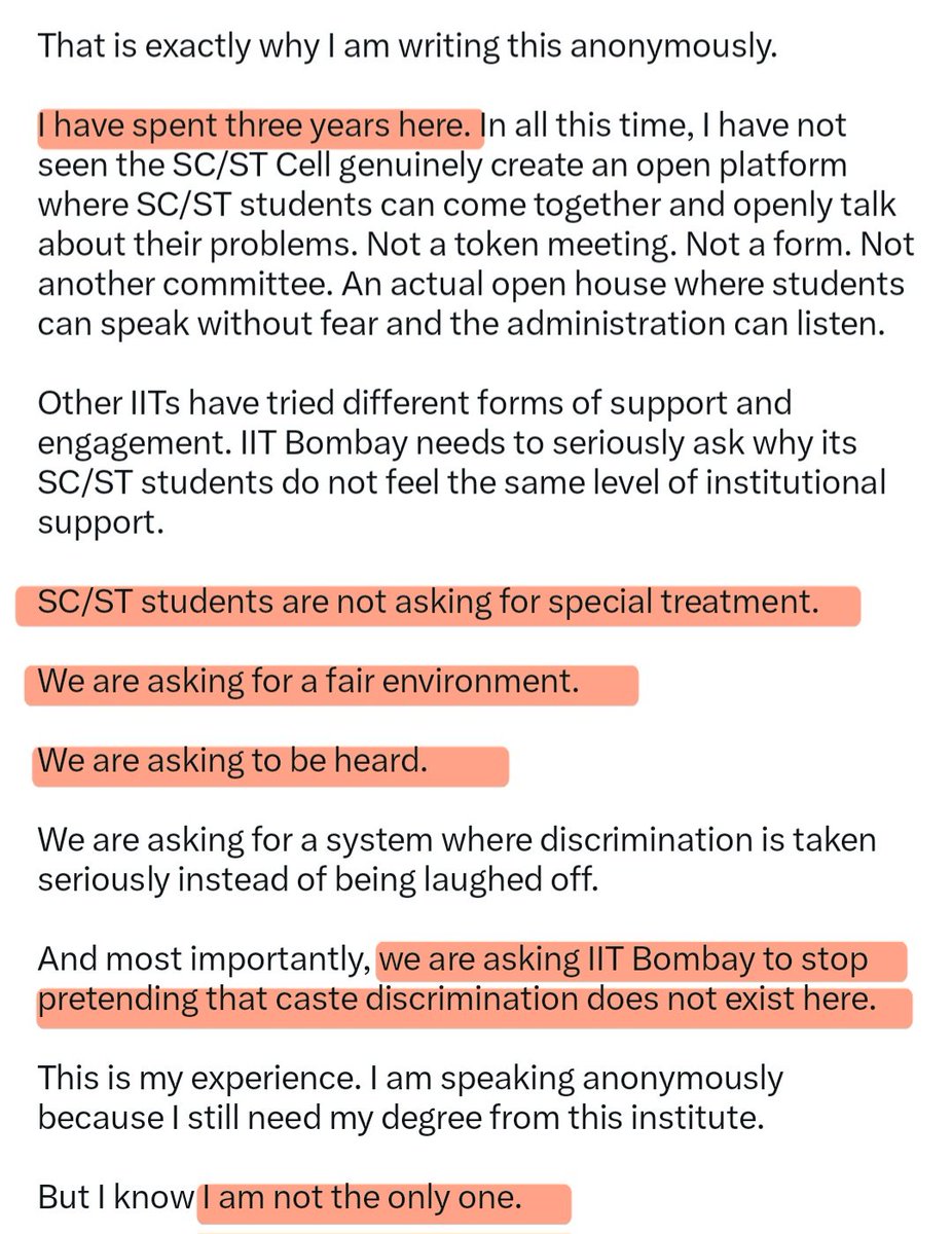 ambedkariteIND's tweet photo. #IITBombay A SC/ST student from IIT Bombay has sent us this email. The student’s identity cannot be disclosed publicly.

Please read it carefully and understand how caste-based discrimination can affect students even at one of India’s premier institutions. It sheds light on the pain and experiences of students who say they are mocked, targeted on the basis of caste, and left without adequate support from the administration.

These allegations deserve to be taken seriously, and the experiences of students who report caste discrimination must be heard and addressed.