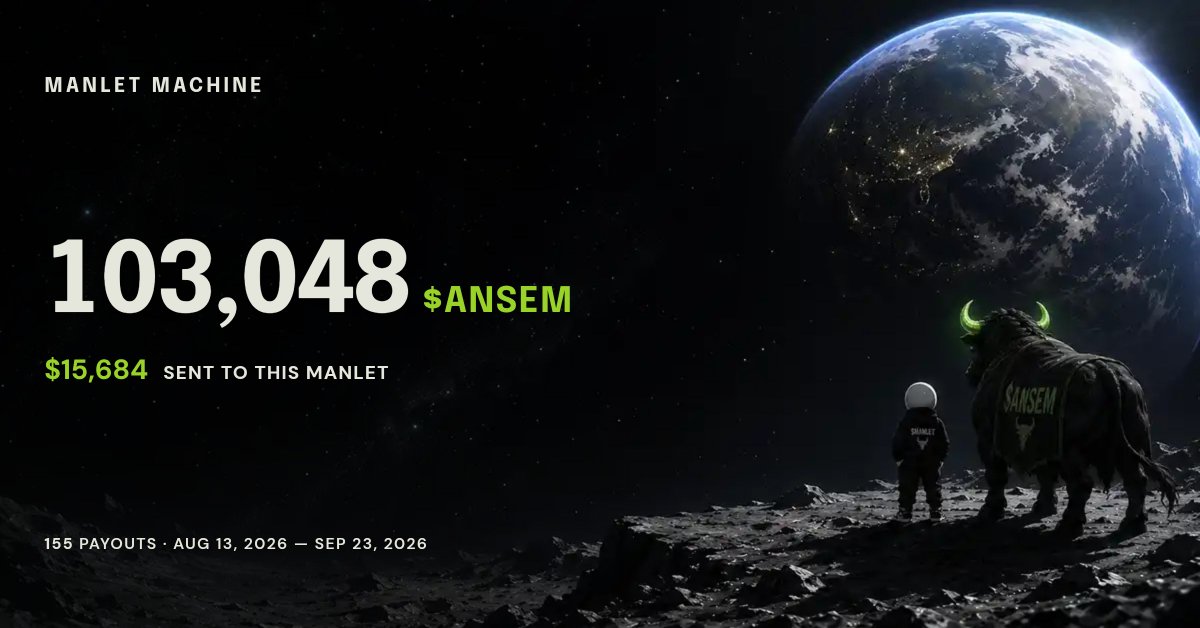 wa9nettw's tweet photo. Today's update
Hold $20 $MANLET.
Get paid in $ANSEM.
No claim. No farm. No team bag.
StonkFun right now:
85% of every trading fee on this 4% pool goes to $MANLET holders in $ANSEM, pro rata
Distributed: $243,323
1.59M $ANSEM
159,303 payments
last drop 12h ago
One receipt:
103,048 $ANSEM
≈ $15,684
155 payouts
Aug 13 → Sep 23
The machine is still running.
Fees stack until they’re worth selling, then hit every wallet holding $20+ $MANLET.
Flywheel already bought back and burned $21,984 / 1,537 times.
Dropped out of the rankings ≠ dead. It can re-enter.
$ANSEM up → volume up → more $ANSEM paid to $MANLET holders → fewer sellers.
This isn’t a narrative.
It’s the dashboard.
@blknoiz06
this machine has been feeding you the whole time.
Check the CA yourself.
Hold the line.
$MANLET $ANSEM
Keep working 🫡