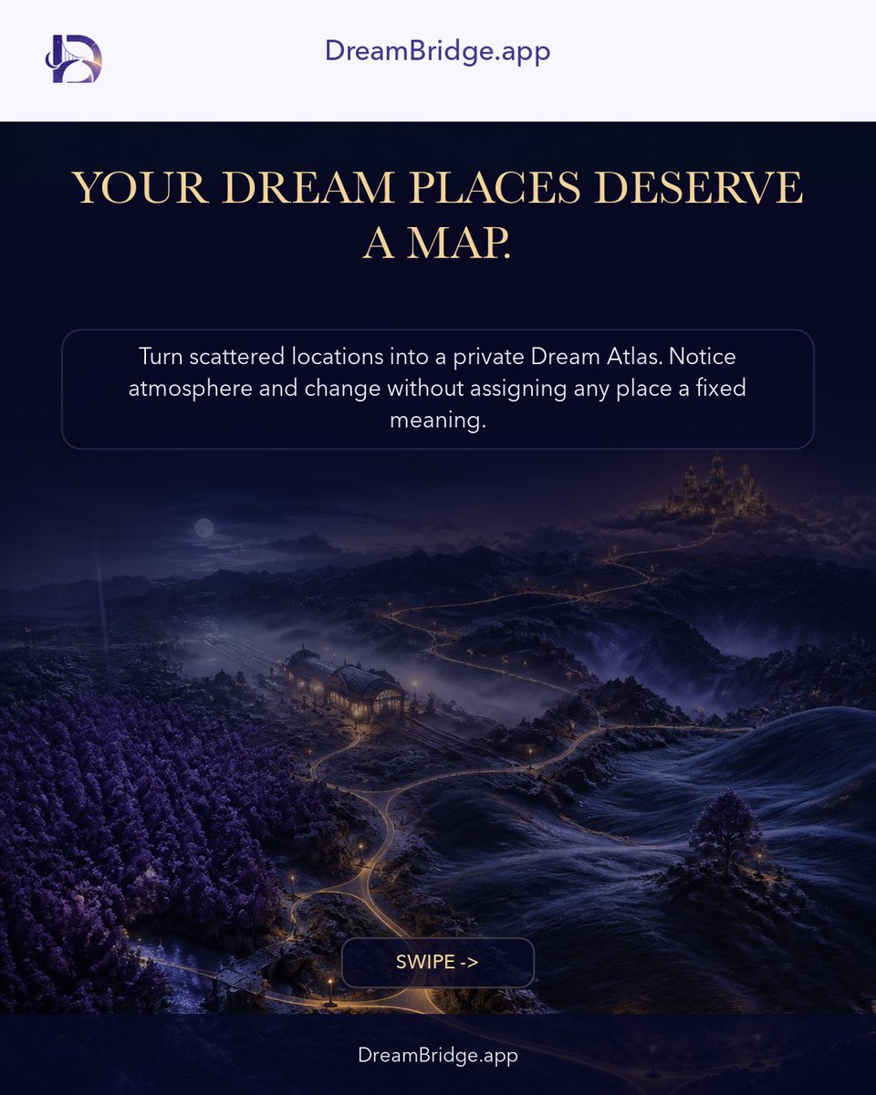 Dreambridge_App's tweet photo. Build a Dream Atlas from five journal entries.

Choose five entries, name their places, and add the feelings they carried. Let the resulting map remain open to change. https://t.co/3v1c4402Dr
