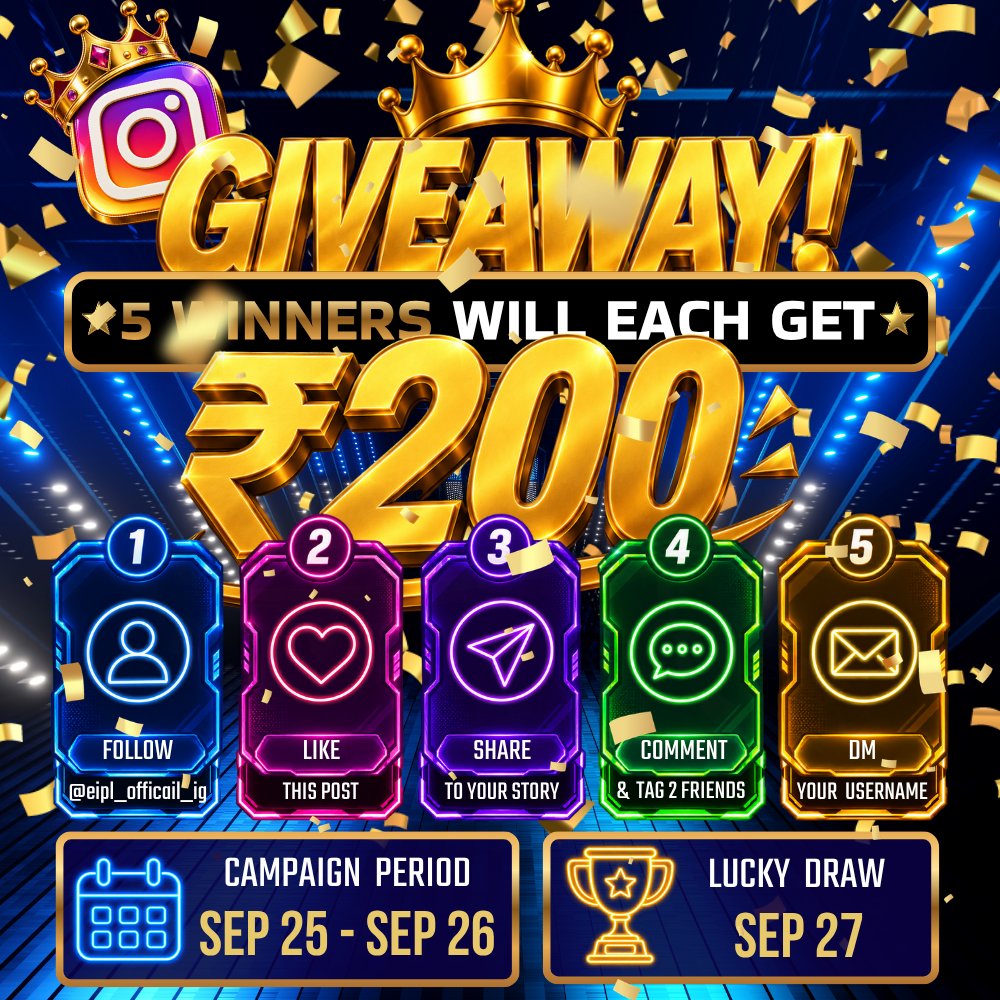 eIPL_channel's tweet photo. 🎉 eIPL GIVEAWAY 🎉

📅 Giveaway: Sep 25–26
🎲 Lucky Draw: Sep 27
🏆 5 Lucky Winners
💰 ₹200 Bonus Each!

How to Participate:
1️⃣ Follow us on Instagram:
https://t.co/yGR4accpu5
2️⃣ Like this Giveaway post ❤️
3️⃣ Share this post to your Instagram Story 📲
4️⃣ Comment & tag 2 friends 👥
5️⃣ DM us your eIPL Game Username 🎮

⚠️ IMPORTANT:
• Your eIPL Game Username must be sent during the Giveaway period.
• UID is NOT your Game Username.
• Each eIPL Game Username has only one winning chance in this Giveaway.
• All winners will be checked for all Giveaway requirements.
• If any requirement is not completed, the winner may be disqualified and a new winner will be selected.
🎁 ₹200 Bonus will be credited to your eIPL account within 2 days.
🔄 3× turnover is required before withdrawal.
🍀 Complete all steps for your chance to win!

Good Luck Everyone! 🔥❤️