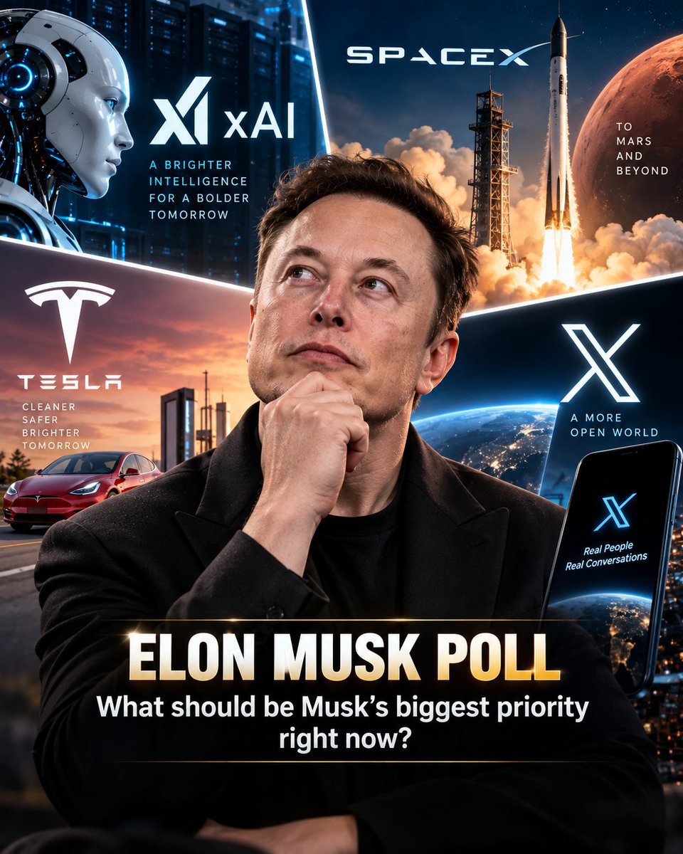 Muskxxrocket's tweet photo. 🚀 ELON MUSK POLL: What should be Musk’s biggest priority right now?

🅰️ 🤖 AI &amp; xAI
🅱️ 🚀 SpaceX &amp; Mars
🅲️ 📱 X &amp; social media
🅳️ ⚡ Tesla &amp; robotics https://t.co/hoQILro3CE