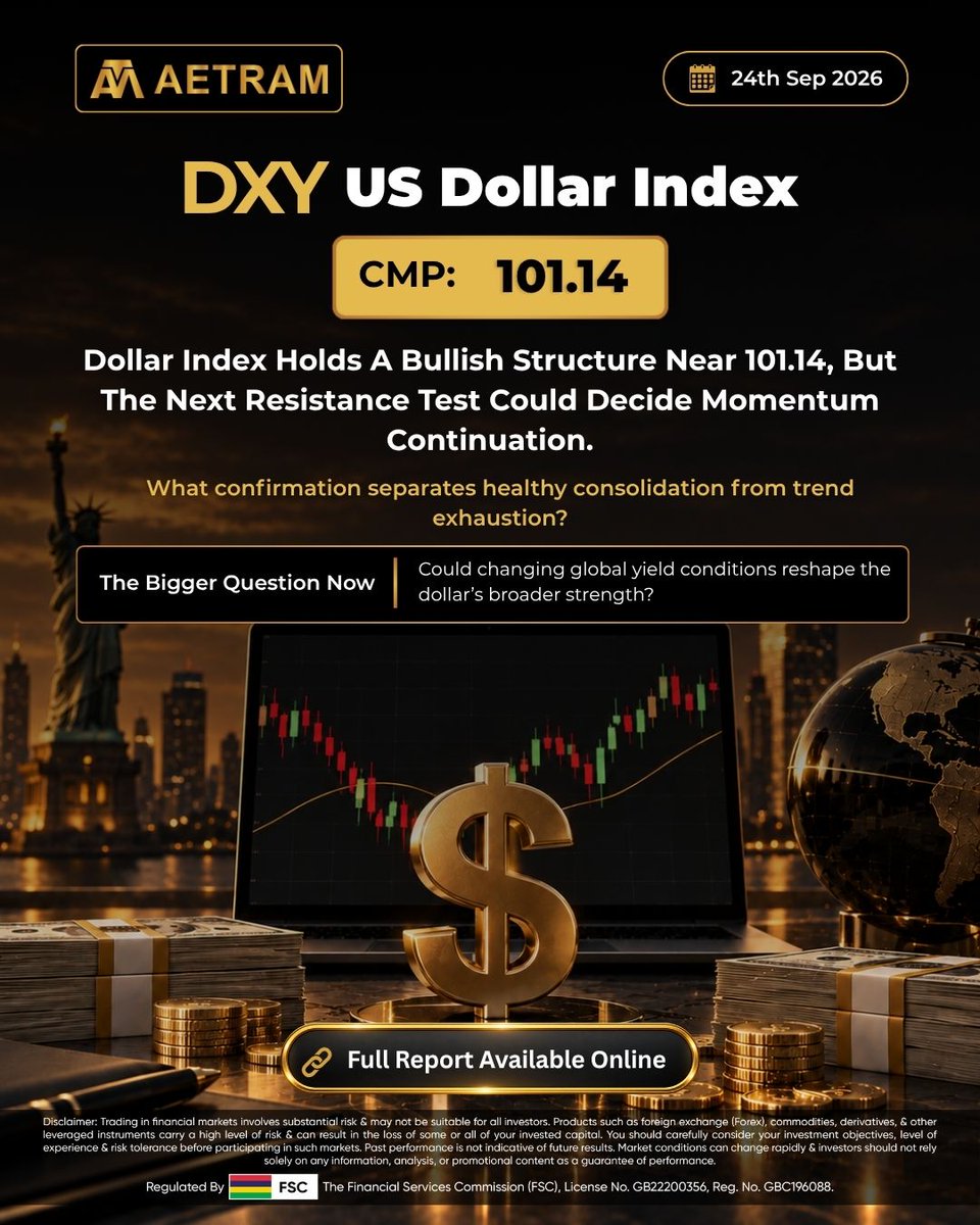 AetramTradesMU's tweet photo. The U.S. Dollar Index is holding a bullish structure at 101.14, with the next resistance test likely to determine whether momentum continues.
Which yield shift would change your dollar view fastest?
#AETRAM #TradingCommunity #GlobalMarkets #MacroEconomics #CurrencyMarkets https://t.co/eFbLj31DGq