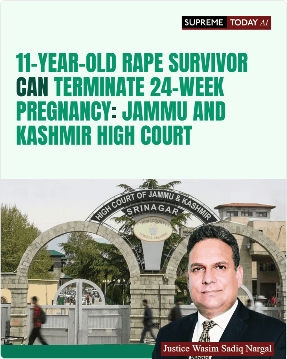 SupremeTodayAI's tweet photo. 11-Year-Old Rape Survivor Can Terminate 24-Week Pregnancy: Jammu and Kashmir High Court

https://t.co/baibaIVBlR

#MedicalTerminationOfPregnancy #RightToLife https://t.co/KPbg0LBJVT
