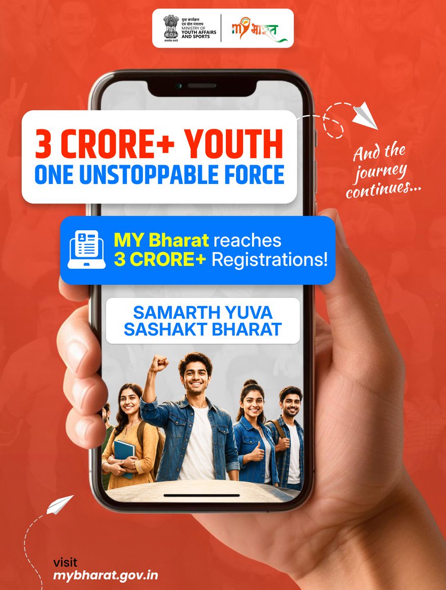 MYBharatHQ's tweet photo. 3 CRORE+ strong and growing! 

Inspired by Hon’ble PM Shri Narendra Modi’s vision, MY Bharat is bringing Yuva Shakti together to learn, grow and contribute towards Viksit Bharat.

👉 Join the MY Bharat Parivar: https://t.co/W00rRhMv0c

#3Cr_MYBharatParivar #MYBharat https://t.co/THNB928S1y