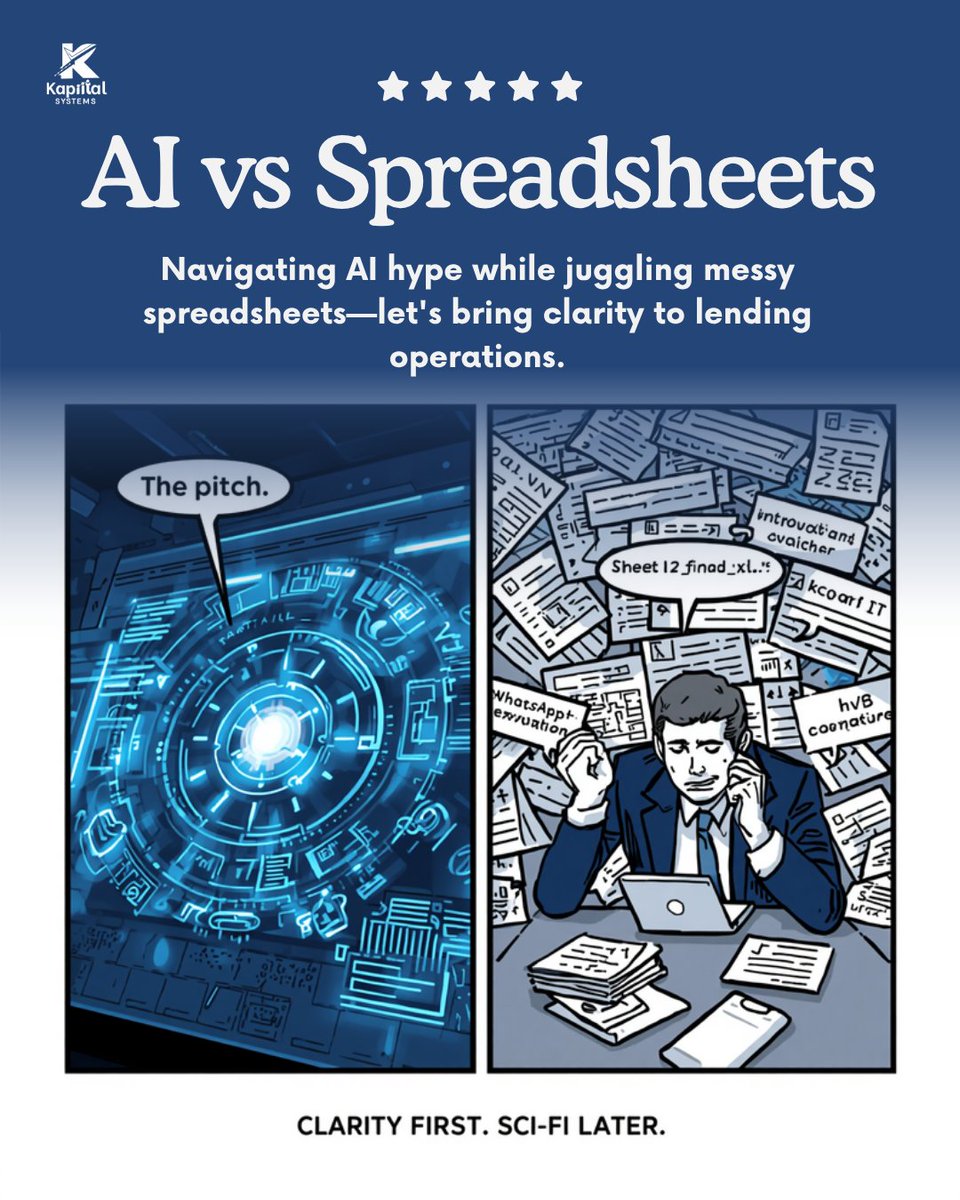 santhoshvkumar's tweet photo. Deck: AI will fix lending ops.
Ops: Sheet12_FINAL_v7.xlsx
Clarity first. Sci-fi later.
Book a walkthrough · Talk to us
#FintechHumor #Kapiital https://t.co/xho36WghqL