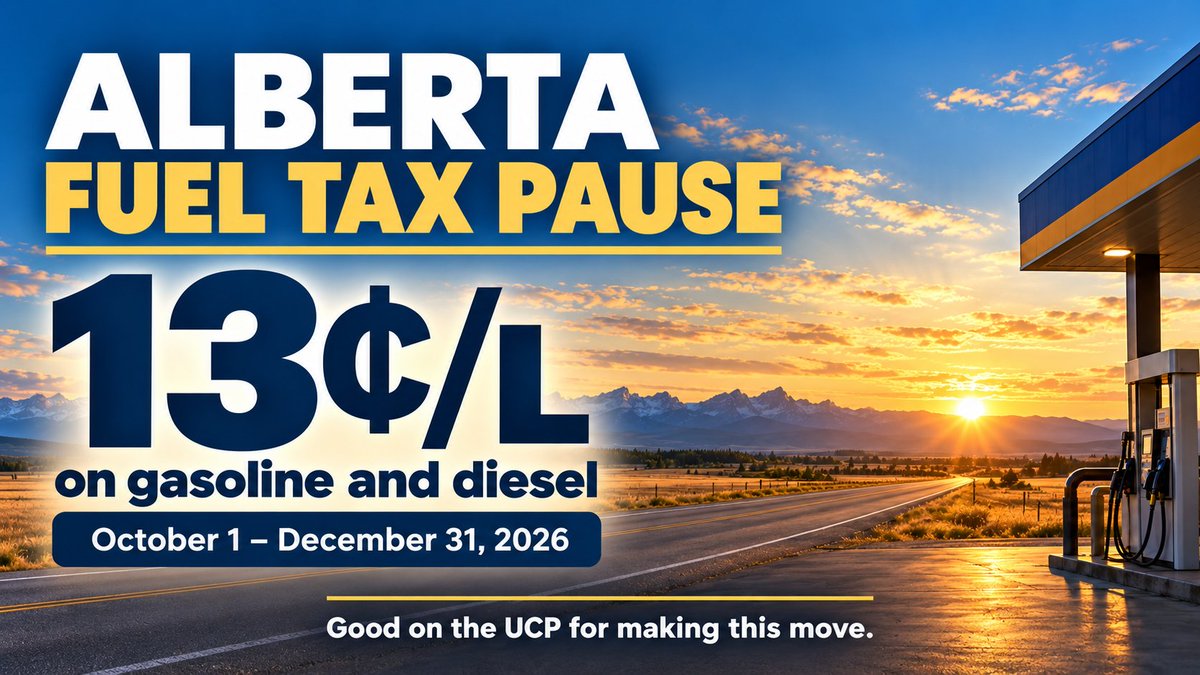 ChadSFisher's tweet photo. Good news for Albertans: the province is suspending its 13-cent-per-litre fuel tax on gas and diesel from October 1 through the end of the year.

That’s $6.50 in tax savings on a 50-litre fill-up. Pump prices can still change, but this will help people who rely on their vehicles for work, family and everyday life.

Good on the UCP for making this move.