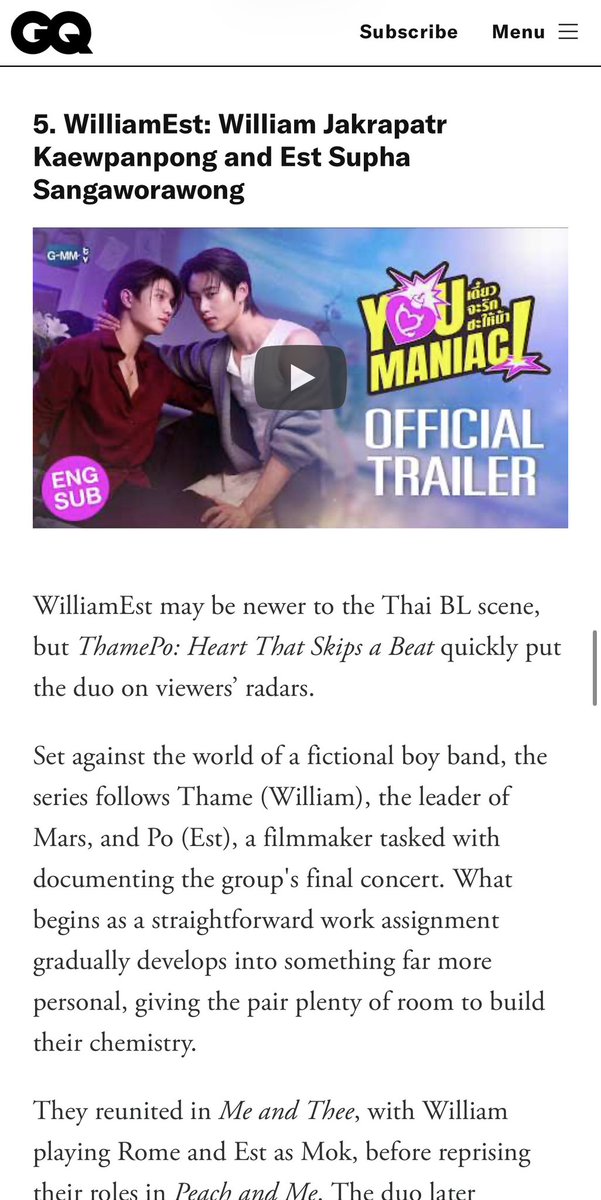 me_eeffy's tweet photo. In a recent article, GQ India included #WilliamEst: 

“WilliamEst may be newer to the Thai BL scene, but ThamePo: Heart That Skips a Beat quickly put the duo on viewers’ radars.

Set against the world of a fictional boy band, the series follows Thame (William), the leader of Mars, and Po (Est), a filmmaker tasked with documenting the group’s final concert. What begins as a straightforward work assignment gradually develops into something far more personal, giving the pair plenty of room to build their chemistry.

They reunited in Me and Thee, with William playing Rome and Est as Mok, before reprising their roles in Peach and Me. The duo later returned as leads in You Maniac, with William taking on the role of Dean and Est playing Moth. Their collaboration also extends to music, with their “Red Flag” soundtrack adding another WilliamEst moment for fans to enjoy.

Must-watch: ThamePo: Heart That Skips a Beat, Me and Thee, Peach and Me, You Maniac.”

🔗 https://t.co/t1aBVxjTbx