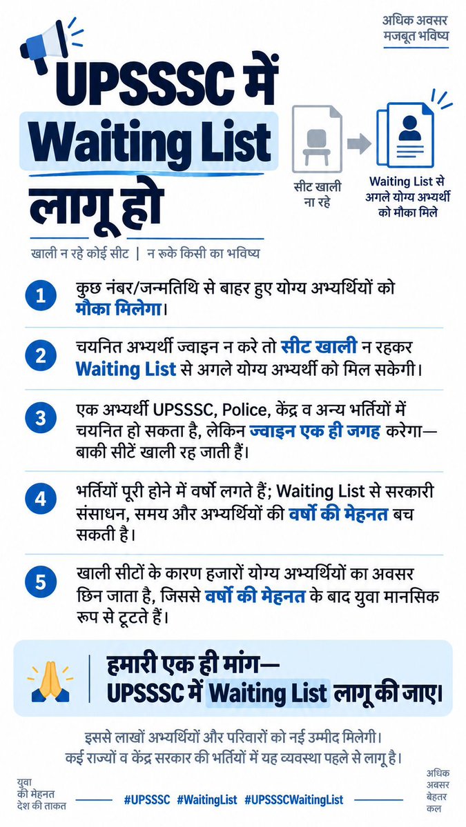 RAbhiR23's tweet photo. योगी जी, UPSSSC आयोग में WAITING LIST का प्रावधान करिए जल्द से जल्द ताकि सीट को बर्बाद होने से बचाया जा सके।#allow_waiting_list_in_upsssc
@CMOfficeUP, @myogiadityanath, @brajeshpathakup, @indiatvnews, @aajtak https://t.co/4bRBanGrYB