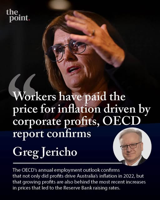 GusLefty's tweet photo. “The OECD’s annual employment outlook confirms that not only did profits drive Australia’s inflation in 2022, but that growing profits are also behind the most recent increases in prices that led to the Reserve Bank raising rates” writes Greg Jericho, chief economist at the Australia Institute.

“In February this year, the Reserve Bank raised interest rates because it was worried about rising inflation in the last 6 months of last year. However, analysis by myself and David Richardson, showed that the major cause of increased inflation was increased profits.”

“The 2026 OECD Employment Outlook found that not only were profits clearly the main cause of inflation in 2022, but they confirmed our research that the cause of rising inflation in the last half of 2025 and the early part of 2026 was profits, not labour costs”.

Read the full piece on The Point: https://t.co/KhjiWAebXJ...
