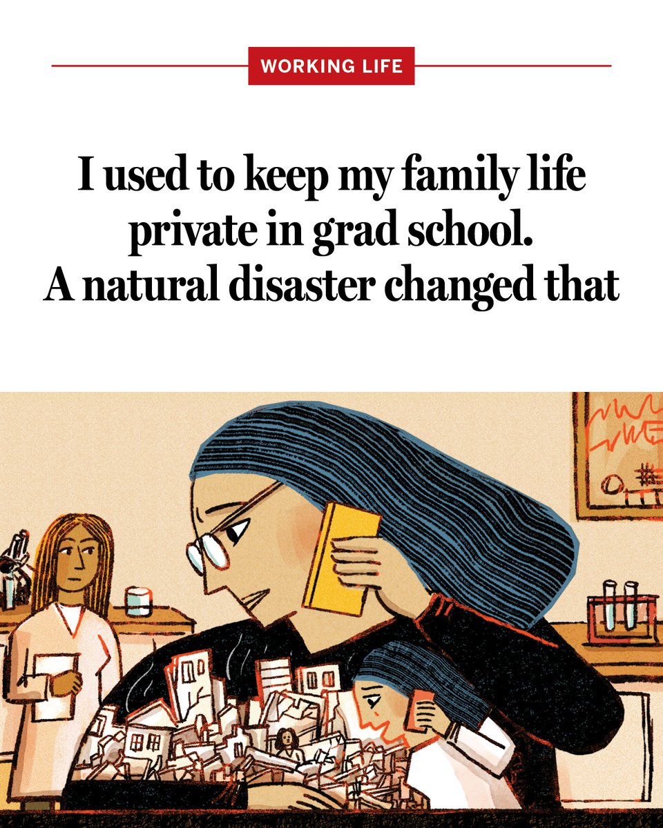 An illustration of a woman talking on the phone, with the headline: I used to keep my family life private in grad school. A natural disaster changed that
