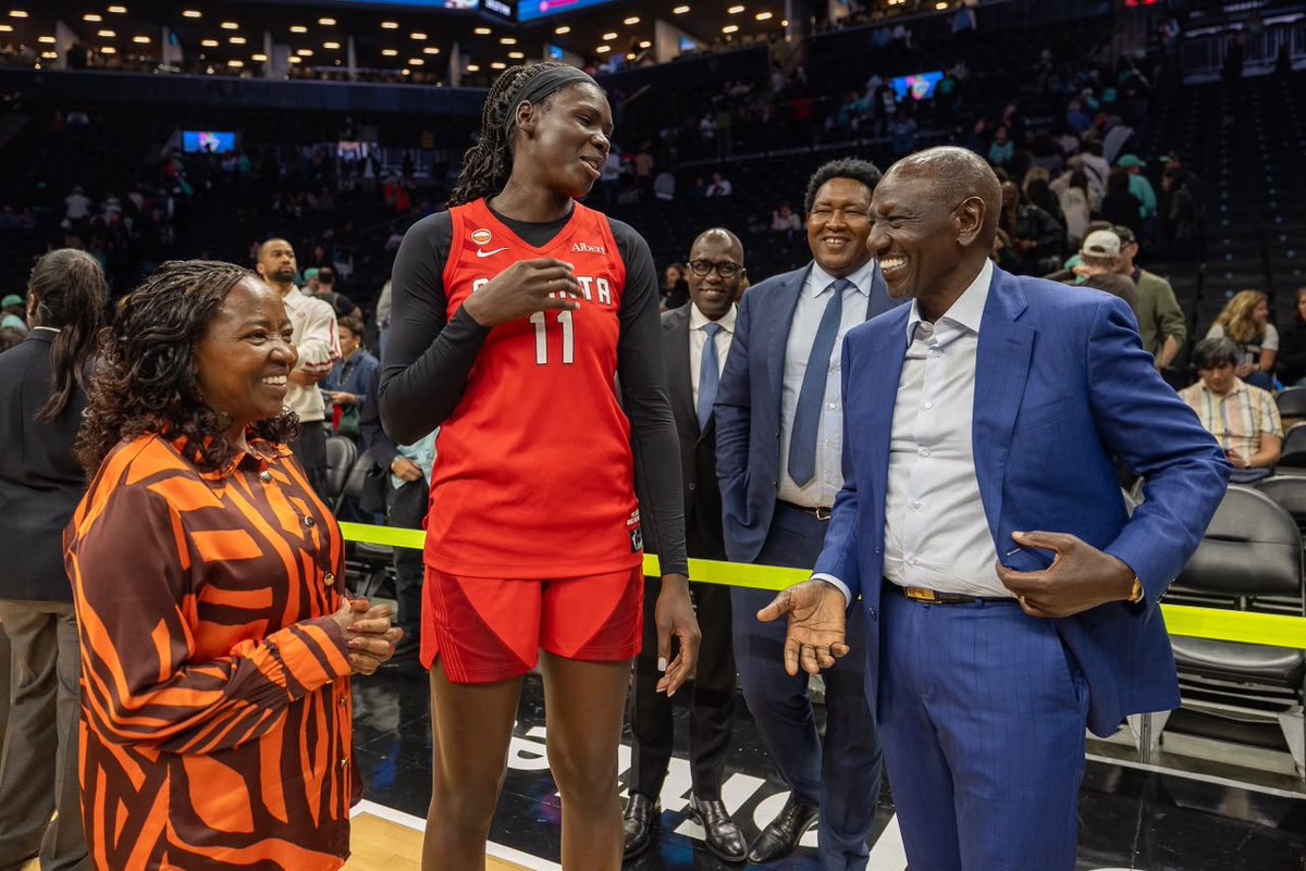 citizentvkenya's tweet photo. President Ruto and First Lady Rachel Ruto attended a WNBA game to watch Kenyan basketball sensation Madina Okot in Brooklyn, New York https://t.co/xBsrfOypiQ