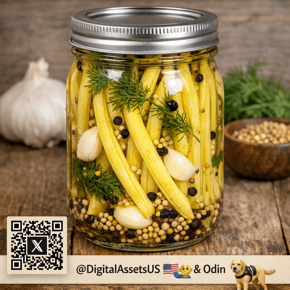 DigitalAssetsUS's tweet photo. Crisp Garlic-Dill Yellow Wax Beans

Yellow wax beans in cold vinegar brine with garlic, dill, mustard seed, and peppercorns. Fridge only (vinegar 5%+). Ready in about 24 hours.

@DigitalAssetsUS 🇺🇸🫡 &amp; Odin 🦮
#Pickles #FridgePickles #ColdFridgePickles #WaxBeans #GarlicDill https://t.co/67i4Y25SfJ