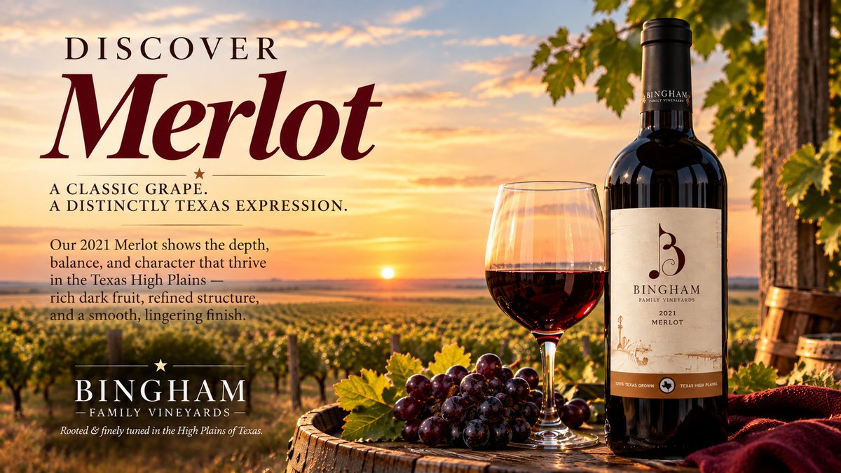 BinghamVineyard's tweet photo. A classic grape, grown in the Texas High Plains. 🍷 Our 2021 Merlot brings ripe red & black fruit, structure, spice and savory character as we look ahead to International Merlot Day Nov. 7.

https://t.co/qet2G21ZEx

#TXWine #MerlotDay #TexasHighPlains #InternationalMerlotDay #MerlotDay