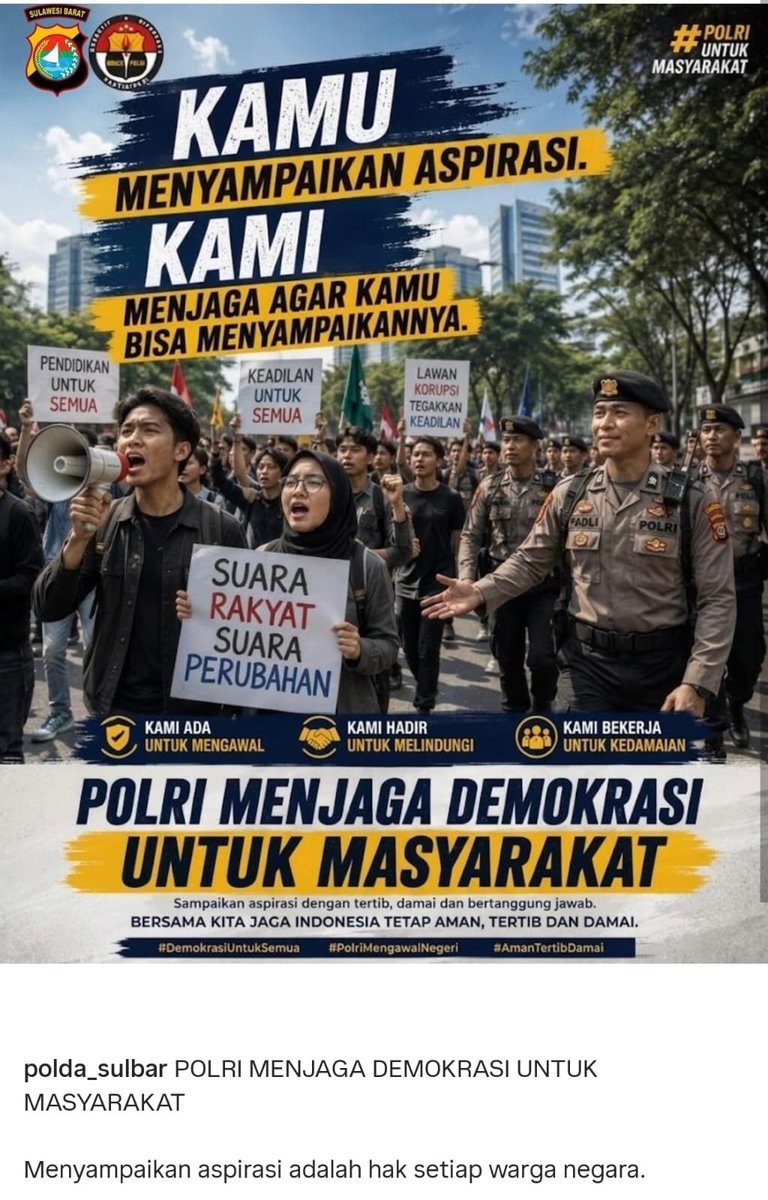 itscinat's tweet photo. polri menjaga demokrasi untuk masyarakat agar mereka bisa menyampaikan aspirasi dengan tertib, damai, aman dan bertanggung jawab  #BijakSampaikanAspirasi
Humanis Mengawal Pendapat https://t.co/bbB1Hu5gnq
