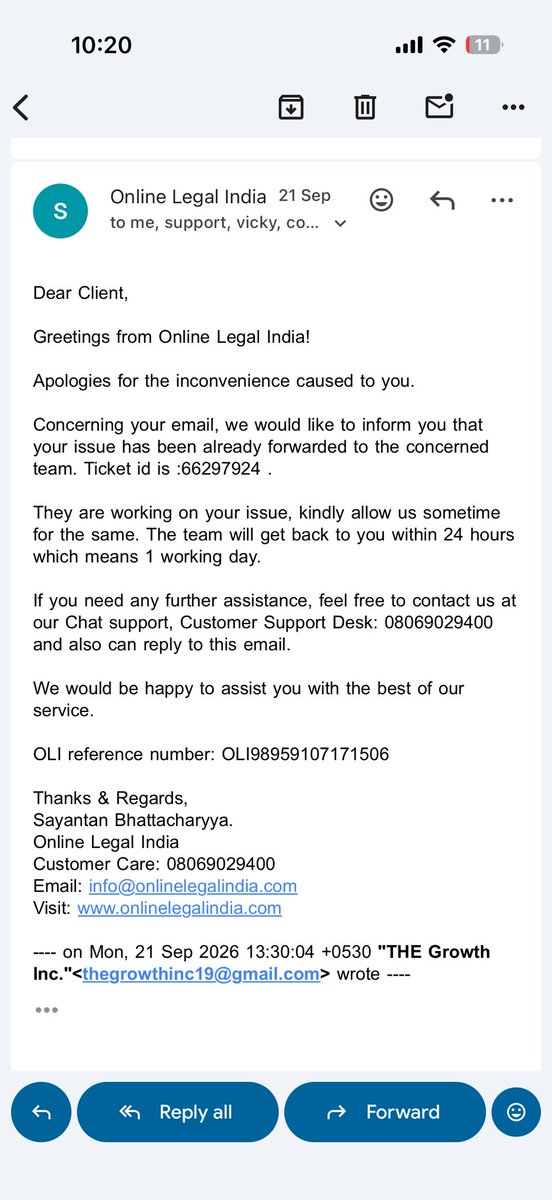 vickyonlineee's tweet photo. @OnlineLegalInd @RajeshFastInfo @jagograhakjago @JagranNews Dear @OnlineLegalIndia, genuine question: how long is “24 hours” in your calendar? 😂

This email is from 21 Sept promising resolution within 24 hours/1 working day. 
Today is 24 Sept.

Still waiting. Still following up. Still getting copy-paste replies. https://t.co/MkdYtbVoJd