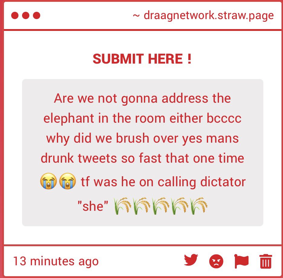 DRAAGNETWORK's tweet photo. We weren’t aware of yes-man’s drunk tweets.. how unlike him! A man of such high standard, wouldn’t you think he’d be a bit more reserved? 
What are your opinions on this, draag? https://t.co/NFBSHAyPdt