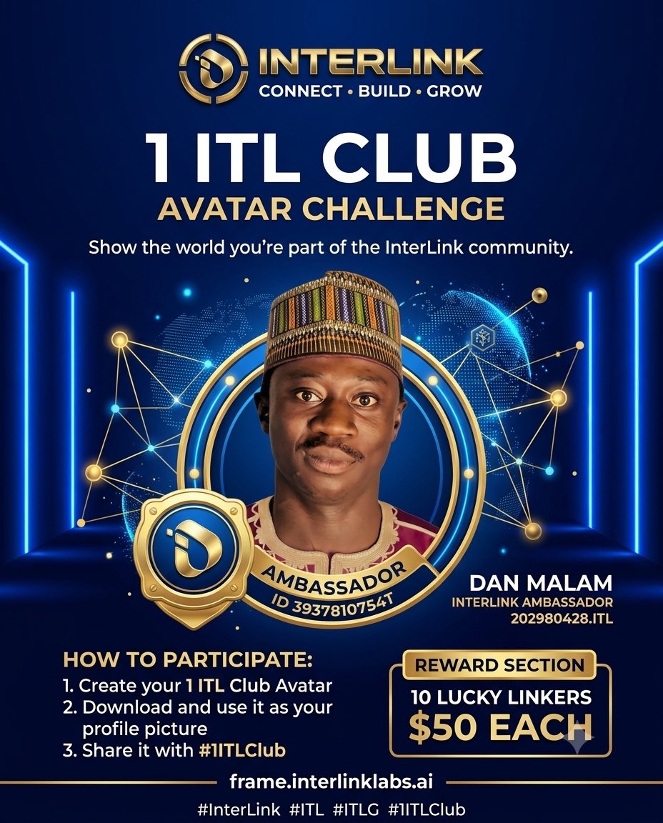 Danmalam1A's tweet photo. 🚀 Proud to be part of the 1 ITL Club! 💙

Creating my avatar, representing the community, and building the future with InterLink. 🌐

Dan Malam | InterLink Ambassador
ID: 202980428.ITL

#InterLink #ITL #ITLG #1ITLClub  #ITLX https://t.co/sNKAjM9nm7