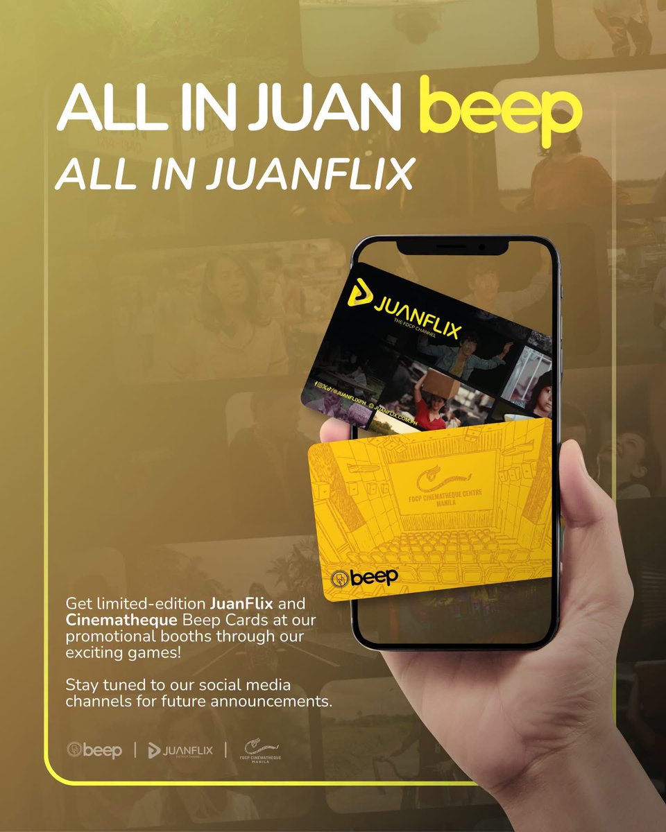 JuanFlixPH's tweet photo. Hawak mo na ang BEEP with JuanFlix!

Bagong-bagong merch this Philippine Film Industry Month ang aming hatid! JuanFlix and Cinematheque have partnered with Beep™ to bring you limited-edition Beep cards! Drop by our booths and play our exciting games for a chance to WIN!

📍 Catch us FIRST at the My Manila Tourism Expo in Foro de Intramuros this September 25 to 27 starting at 10 AM!

👉 Register here for free to attend the event and visit our booth: https://t.co/3FMwZiTWBv 

Kitakits!

#BeepCard #JuanFlix #Cinematheque #FDCPOfficial