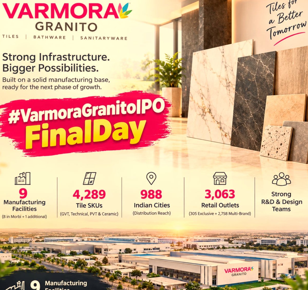 Meghajha31's tweet photo. 305 exclusive brand outlets ke saath 2,758 multi-brand outlets Varmora Granito ki retail distribution strategy ko broad customer access provide karte hain. 🏬 #VarmoraGranitoIPOFinalDay
https://t.co/9q2w91GYQf