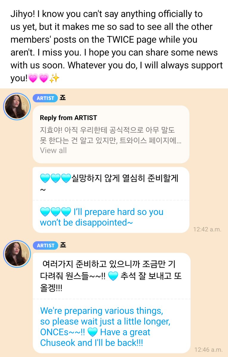 godmitzu's tweet photo. JIHYO replied to a message about her not being posted on TWICE's official accounts, and the hope that she can share the official news soon:

"I'll prepare hard so you won't feel disappointed~ We're preparing various things, so please wait just a little bit, ONCEs~~!!" https://t.co/TGNxhYbxTo