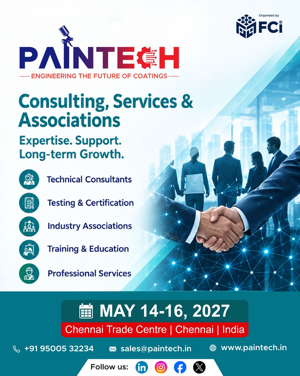 Paintechfaircon's tweet photo. 🤝 Build Connections. Strengthen the Coatings Industry.

📅 May 14–16, 2027
📍 Chennai Trade Centre, Chennai, India

📞 +91 95005 32234
📧 sales@paintech.in
🌐 https://t.co/MONnrF4E4E https://t.co/2YZ5oL2kmy