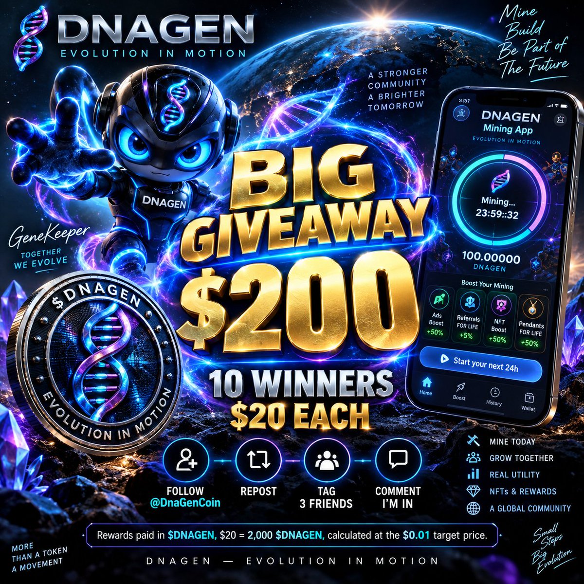 DnaGenCoin's tweet photo. 🧬🔥 DNAGEN BIG GIVEAWAY IS LIVE! 🔥🧬
The DNAGEN community is growing — and it’s time to reward the people who are actually part of it. 🌍⛏️
HOW TO ENTER:
✅ Follow @DnaGenCoin
🔁 Repost this post
👥 Tag 3 friends
📱 Download & open the DNAGEN Mining App
Android:
https://t.co/nkJxrkIqRo...

iOS / TestFlight:
https://t.co/l7waUiNpMV
📸 Post a screenshot of your Mining App in the comments
💬 Write I’M IN
⚠️ All steps are required to qualify.
We’re not looking for empty numbers.
We want real miners. Real users. A real community. 🧬
👀 Everything about the rewards is on the poster.
10 WINNERS. 🏆
Let’s see who’s mining with DNAGEN. 🔥
MINE TODAY. BUILD TOGETHER. EVOLVE WITH DNAGEN.
🧬 DNAGEN — EVOLUTION IN MOTION
#DNAGEN #CryptoGiveaway #MiningApp #Crypto #Web3 #CryptoCommunity