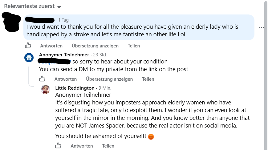 ReddiProject's tweet photo. #JamesSpader #ReddingtonProject
There are times when I just lose my temper. And that's exactly what happened here. This anonym comment took place in the Facebook group "james spader one n only," which we've already reported several times because scammers gather there. https://t.co/80f38IkSRF