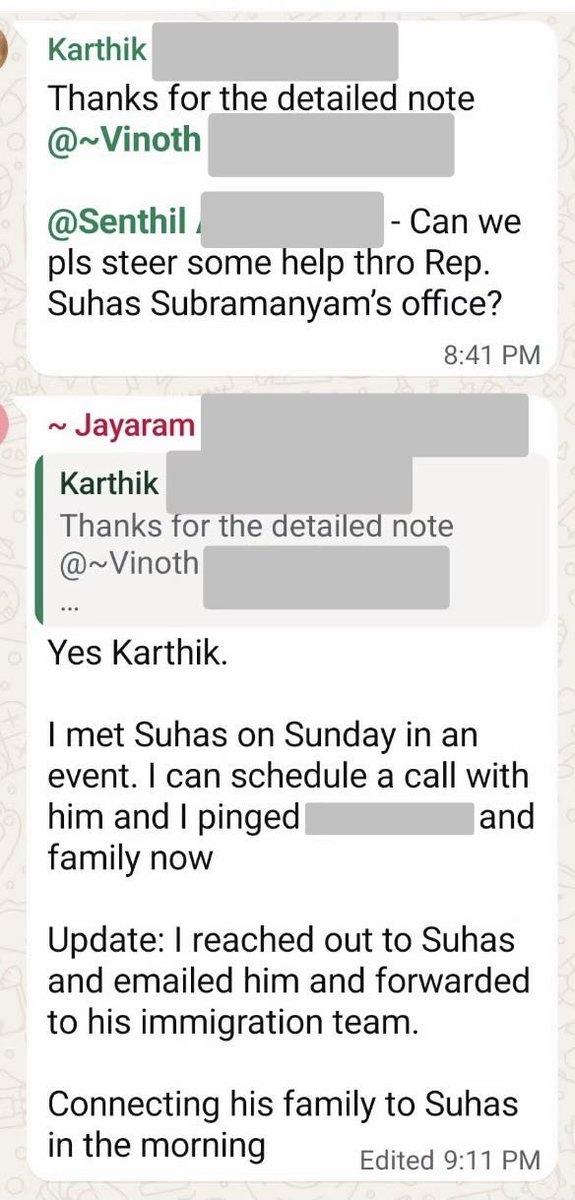 PlumbNick's tweet photo. I was passed these messages from a private Tamil community group. I removed the identity of the H-1B worker because this is not about attacking him.

Instead, look at what happened around him. First, he develops an immigration problem after losing his job. Next, someone in the group asks whether they can “steer some help” through Congressman Suhas Subramanyam’s office.

Another member says he had just met Subramanyam at an event and could arrange a call. Then, within the same conversation: “I reached out to Suhas and emailed him and forwarded to his immigration team.” — “Connecting his family to Suhas in the morning.”

You may have missed it, but the messages say the worker lives in Herndon. Herndon in Virginia’s 11th Congressional District. Subramanyam represents the 10th District.  

House Ethics guidance says members generally should not devote official resources to casework for people outside their district and can instead refer them to their own representative or senators.  

I don’t think Subramanyam was summoned based on the district he represents. 

Remember, this conversation is taking place inside a Tamil community network. So, it’s worth noting that Subramanyam has South Indian family roots, his father grew up in Chennai and he was a congressional co-sponsor of the resolution recognizing Tamil Language and Heritage Month.  

Sure, we don’t have proof of preferential treatment or what his office ultimately did. But we did get an unusually candid look at how political access in ethnic networks functions:

Private ethnic community → personal connection → member of Congress → congressional immigration team.

Despite being unable to vote and being out of district, people around him apparently knew exactly who to contact and claimed the personal access to get his case in front of a congressional office.

The question I want answered is simple: why was this case being routed through Suhas Subramanyam and what did his office do with it?