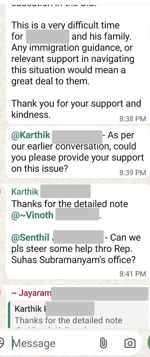 PlumbNick's tweet photo. I was passed these messages from a private Tamil community group. I removed the identity of the H-1B worker because this is not about attacking him.

Instead, look at what happened around him. First, he develops an immigration problem after losing his job. Next, someone in the group asks whether they can “steer some help” through Congressman Suhas Subramanyam’s office.

Another member says he had just met Subramanyam at an event and could arrange a call. Then, within the same conversation: “I reached out to Suhas and emailed him and forwarded to his immigration team.” — “Connecting his family to Suhas in the morning.”

You may have missed it, but the messages say the worker lives in Herndon. Herndon in Virginia’s 11th Congressional District. Subramanyam represents the 10th District.  

House Ethics guidance says members generally should not devote official resources to casework for people outside their district and can instead refer them to their own representative or senators.  

I don’t think Subramanyam was summoned based on the district he represents. 

Remember, this conversation is taking place inside a Tamil community network. So, it’s worth noting that Subramanyam has South Indian family roots, his father grew up in Chennai and he was a congressional co-sponsor of the resolution recognizing Tamil Language and Heritage Month.  

Sure, we don’t have proof of preferential treatment or what his office ultimately did. But we did get an unusually candid look at how political access in ethnic networks functions:

Private ethnic community → personal connection → member of Congress → congressional immigration team.

Despite being unable to vote and being out of district, people around him apparently knew exactly who to contact and claimed the personal access to get his case in front of a congressional office.

The question I want answered is simple: why was this case being routed through Suhas Subramanyam and what did his office do with it?