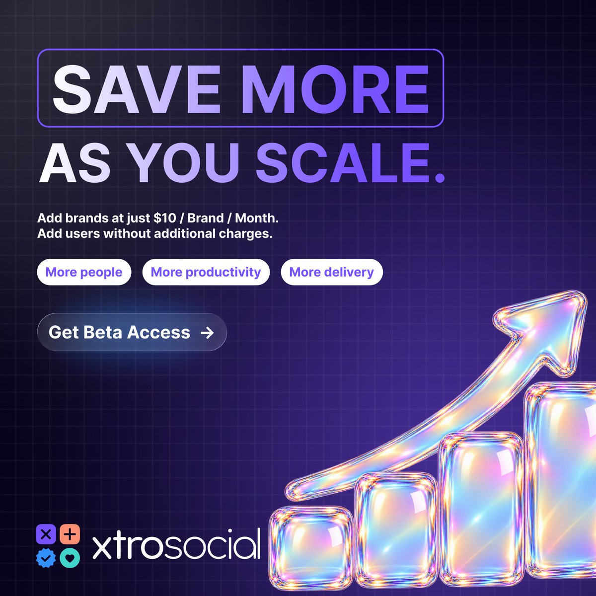 XTROSocial's tweet photo. Save More As You Scale. 📈

Growth shouldn't increase software friction.

Scale brands. Scale teams. Keep costs predictable.

🚀 Early access is now open.
👉 Link in bio

#XTROSocial #SaaS https://t.co/6MebLuW2pI