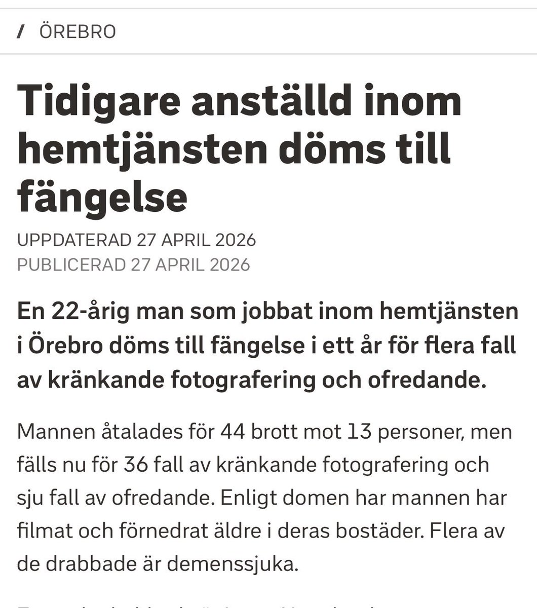 JonssonYvette's tweet photo. ”Ät skit din hora” , ”du ser ut som en apa” sa han på arabiska ”jag ska knulla din Guds syster”
Han duschade en äldre man i kallt vatten .

Döms för 44 olika brott mot dementa och äldre inom Hemtjänsten.

Straff ?

1 år 🤬

Häng ut honom . https://t.co/4QXzOdigcq