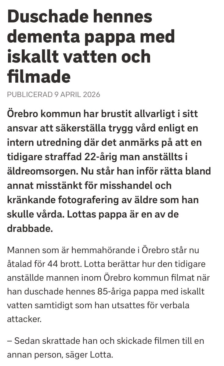 JonssonYvette's tweet photo. ”Ät skit din hora” , ”du ser ut som en apa” sa han på arabiska ”jag ska knulla din Guds syster”
Han duschade en äldre man i kallt vatten .

Döms för 44 olika brott mot dementa och äldre inom Hemtjänsten.

Straff ?

1 år 🤬

Häng ut honom . https://t.co/4QXzOdigcq