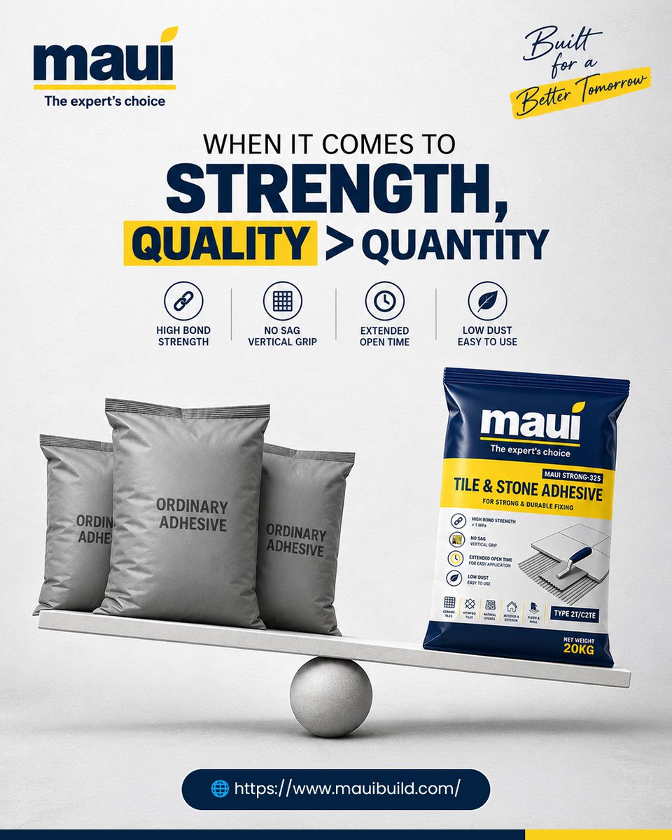 Mauibuild's tweet photo. When it comes to strength, quality always makes the difference. Choose Maui Strong-325 Tile &amp; Stone Adhesive for strong and durable fixing.

Buy Now: https://t.co/0F6NlFQbU1

#MauiBuild #TileAdhesive #MauiStrong325 #StoneAdhesive #TileFixing #ConstructionSolutions #StrongBond https://t.co/J1a1qiezjr