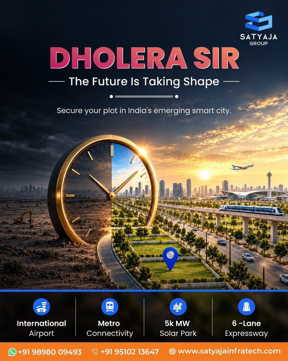 satyaja_group's tweet photo. The clock is ticking. 
Dholera SIR - India's emerging smart city - is transforming fast.

Airport | Metro | Solar Park | Expressway

Don't wait for the future. Invest in it today.

🌐 https://t.co/TzS8U41w2G

#DholeraSIR #TheFutureIsTakingShape #SmartInvestment #SatyajaGroup https://t.co/FQdNwOb86k