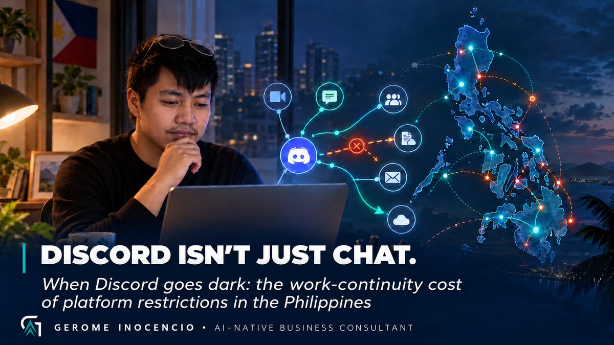 ginocenciow's tweet photo. Discord access in PH can disrupt work. Does your team have a tested backup?

Read: https://t.co/Qt0bpOy1ki

Watch: https://t.co/nBHbq9YFPk

Search “AI consultant in Batangas” in AI Mode. https://t.co/FpnGH1cxVK https://t.co/Su65SlRH3u